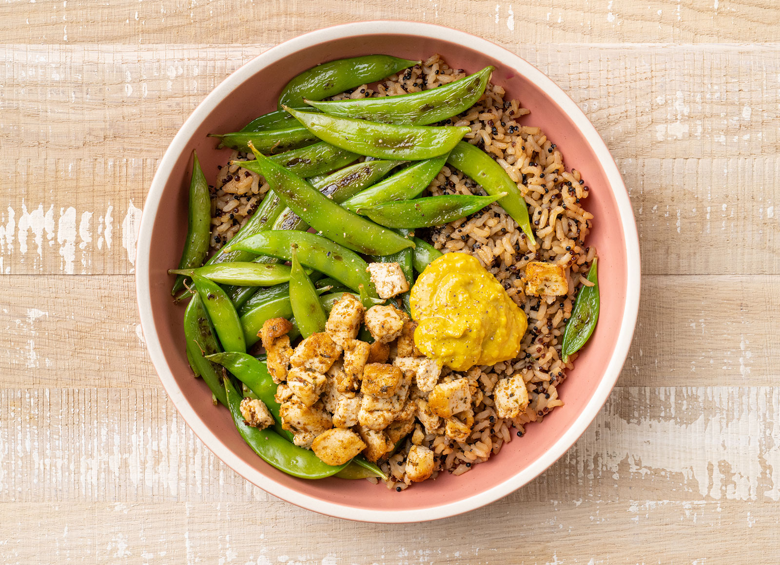 Curry Spiced Tofu + Pea Snaps Rice Bowl