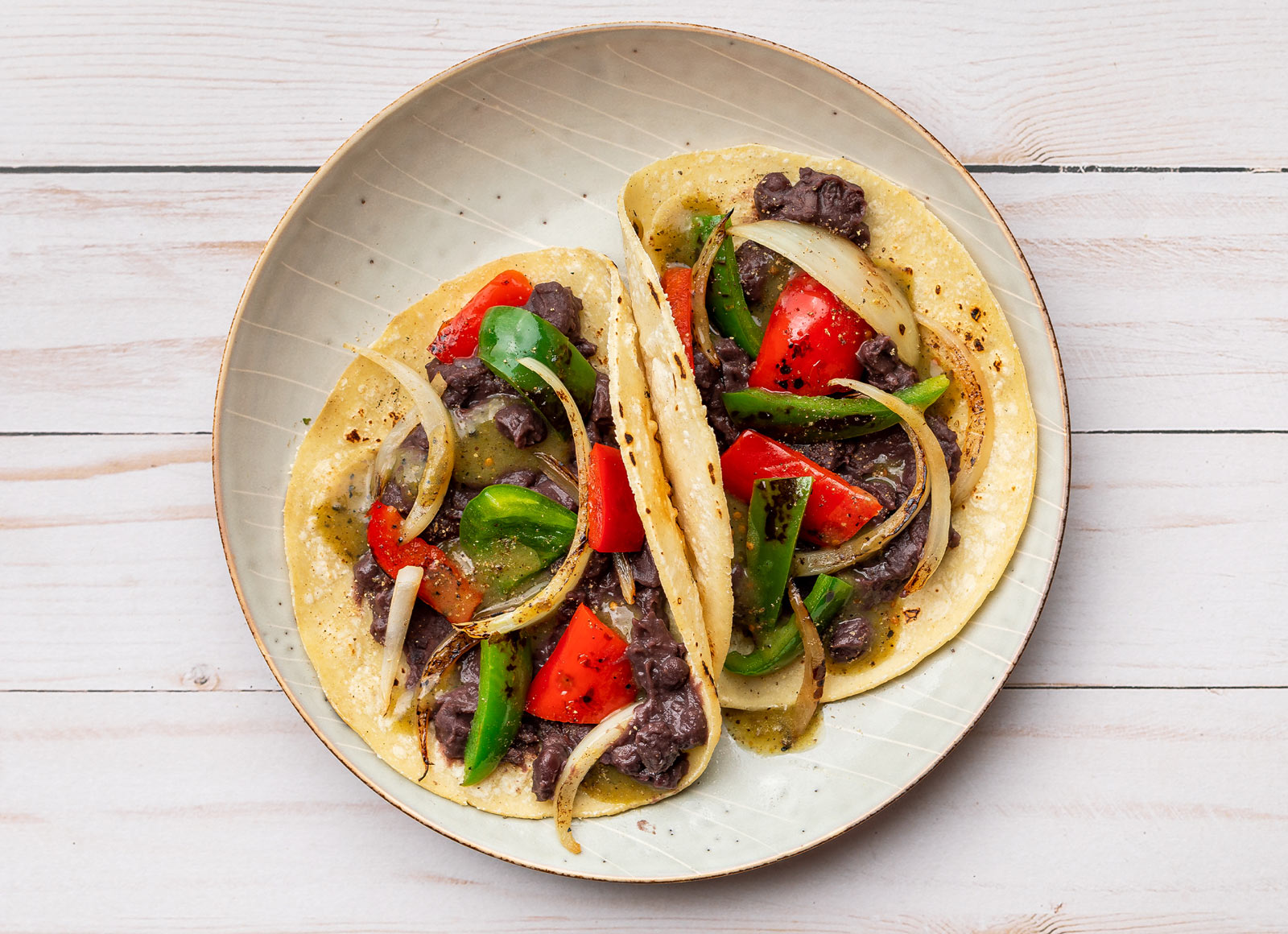 Spicy Black Bean + Fajita Veggie Tacos
