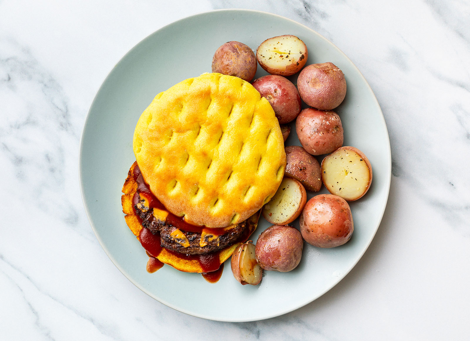 BBQ Bacon + Cheddar Burger with Red Potatoes