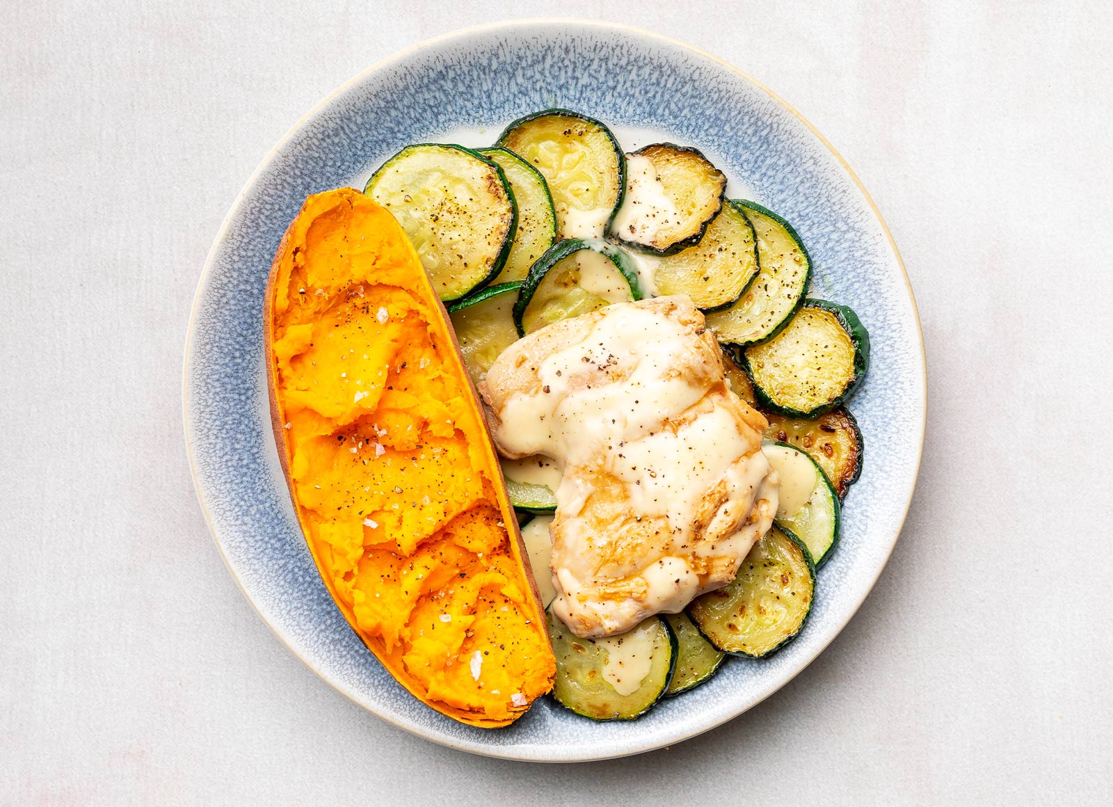 Creamy Miso Chicken Thighs with Sweet Potato with Zucchini