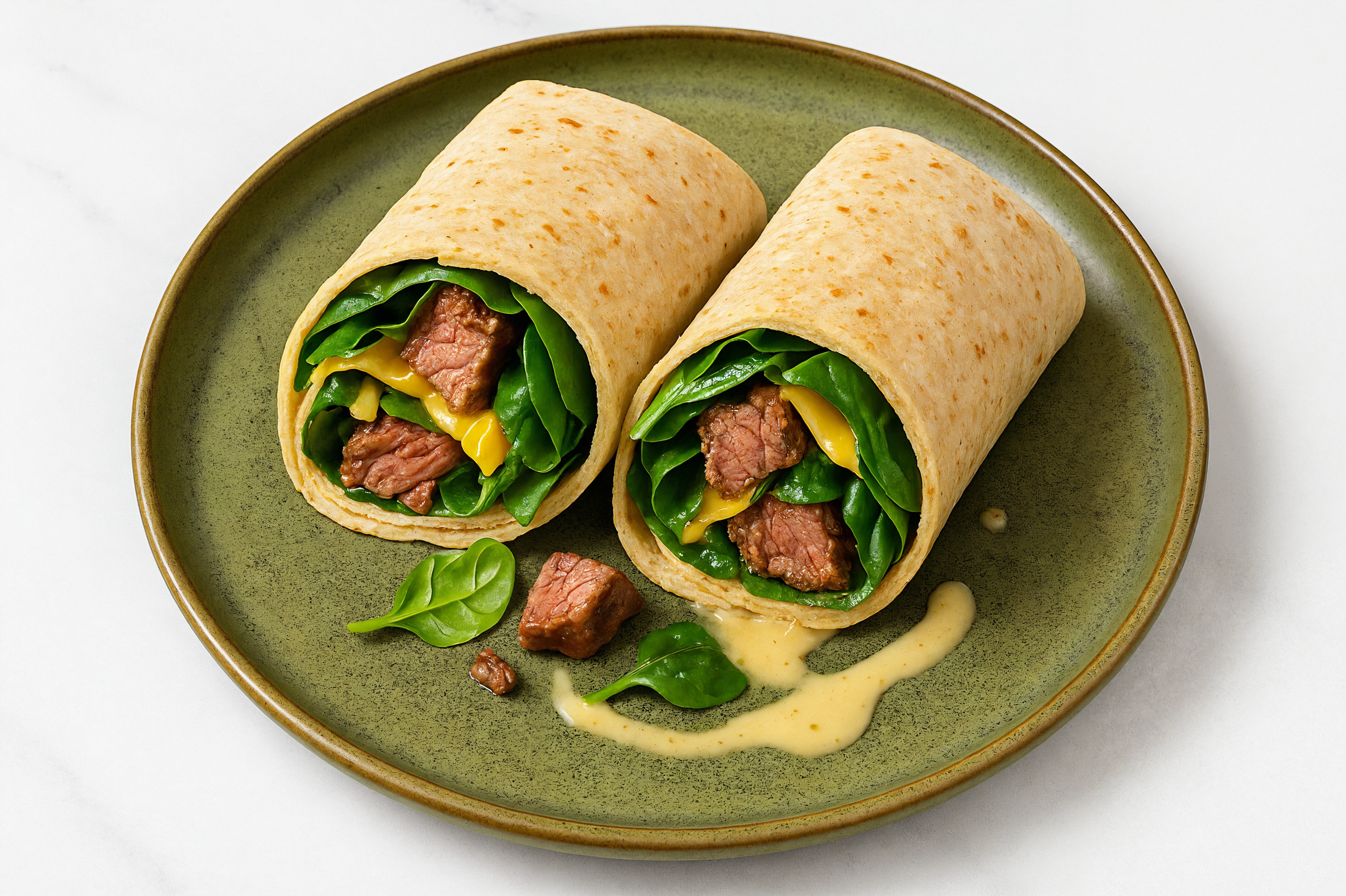 Herby Sliced Steak + Vegan Cheddar Tortilla Wraps with Spinach