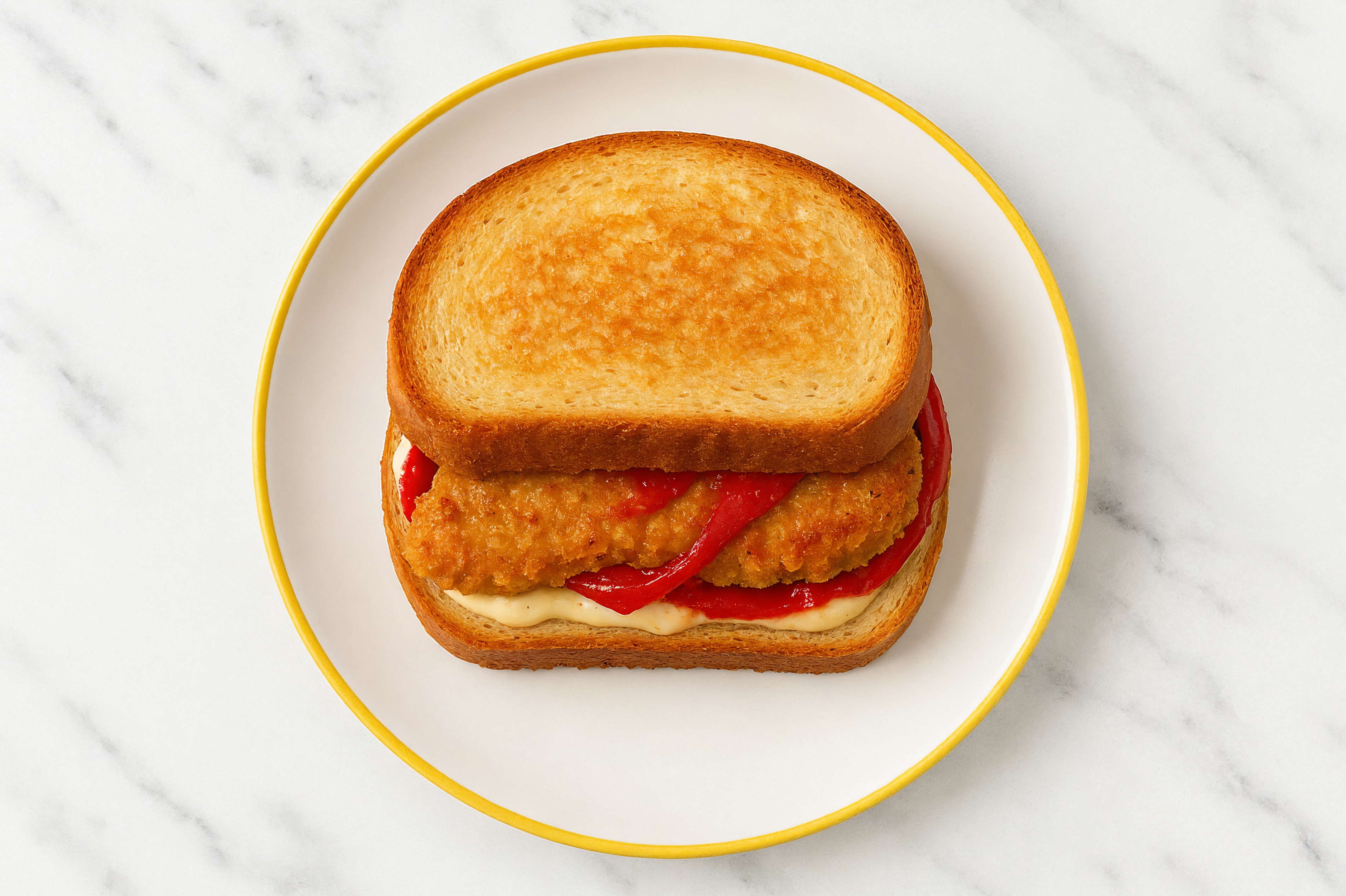 Creamy Horseradish "Chicken" Tenders Sandwich with Roasted Peppers on Honey White Bread