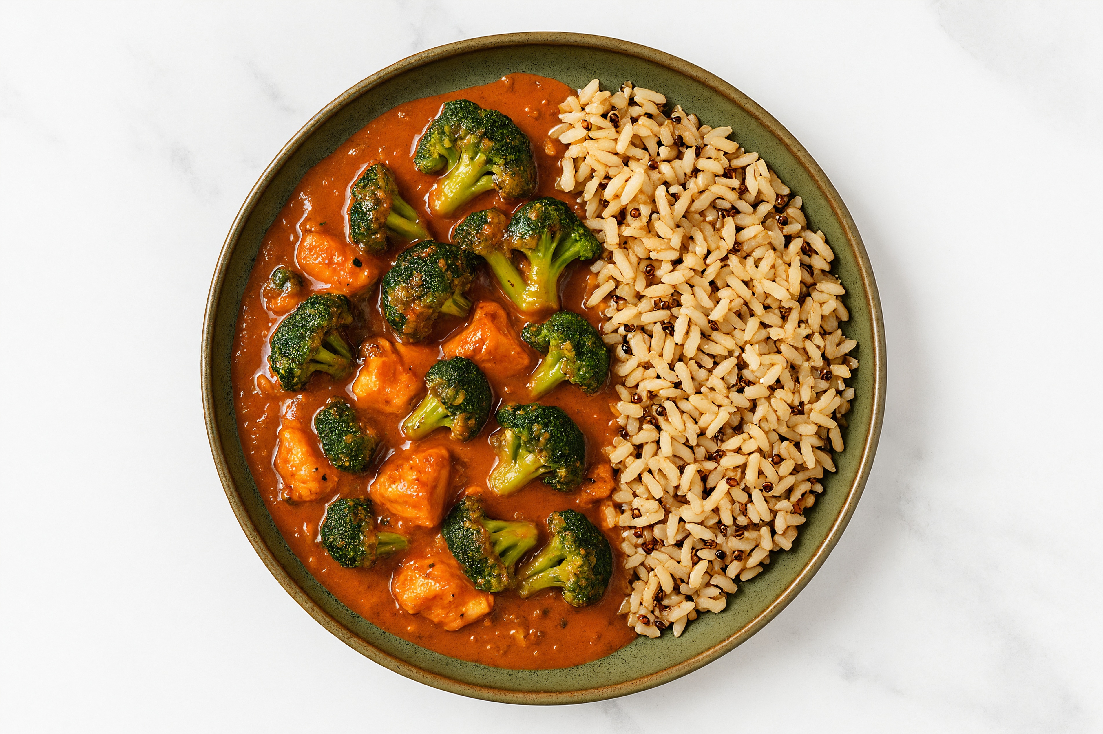 Salmon & Tikka Masala Stew with Broccoli Florets & Brown Rice