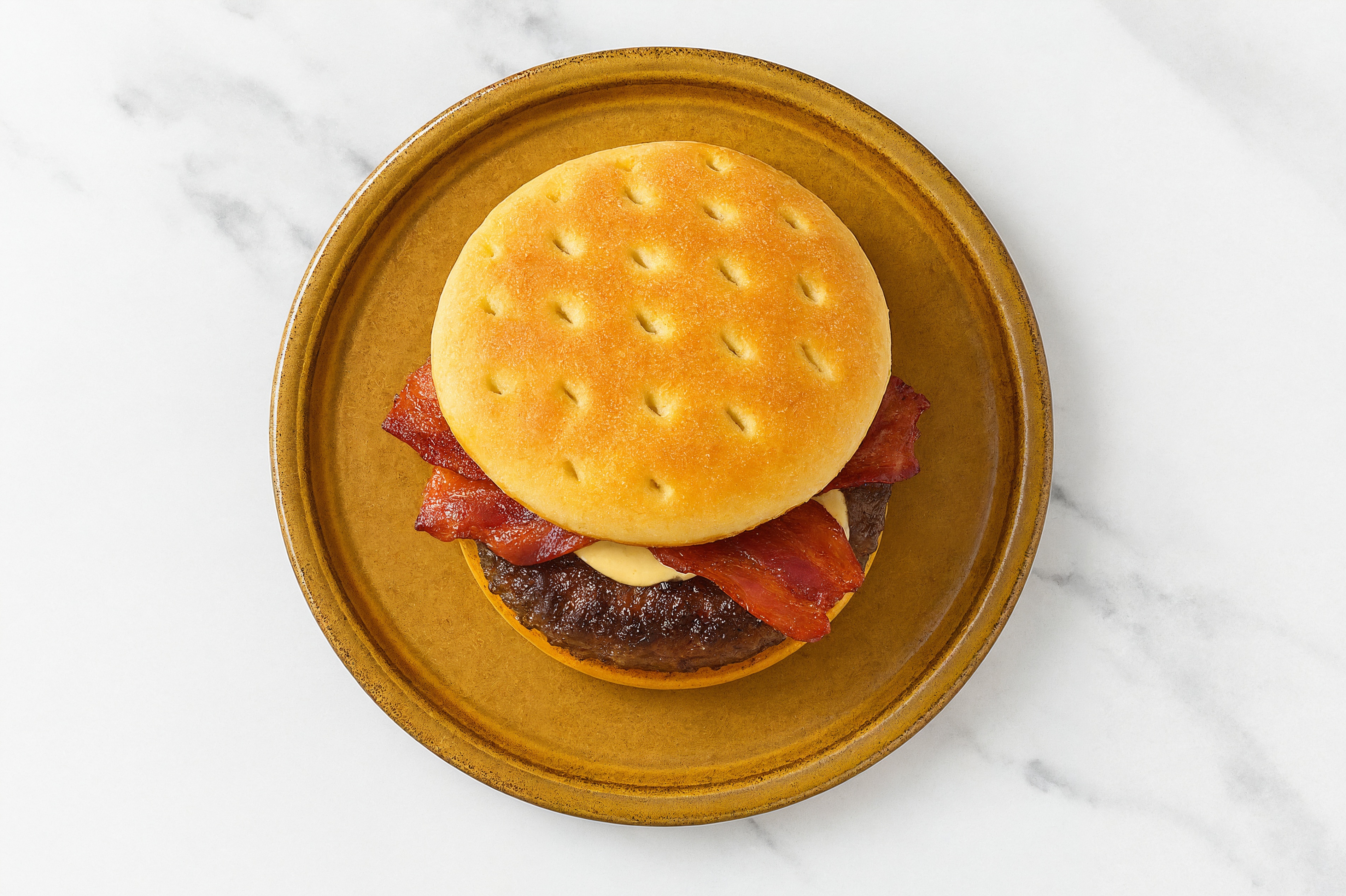Beef Burger on Brioche Thin Buns with Horseradish & Turkey Bacon