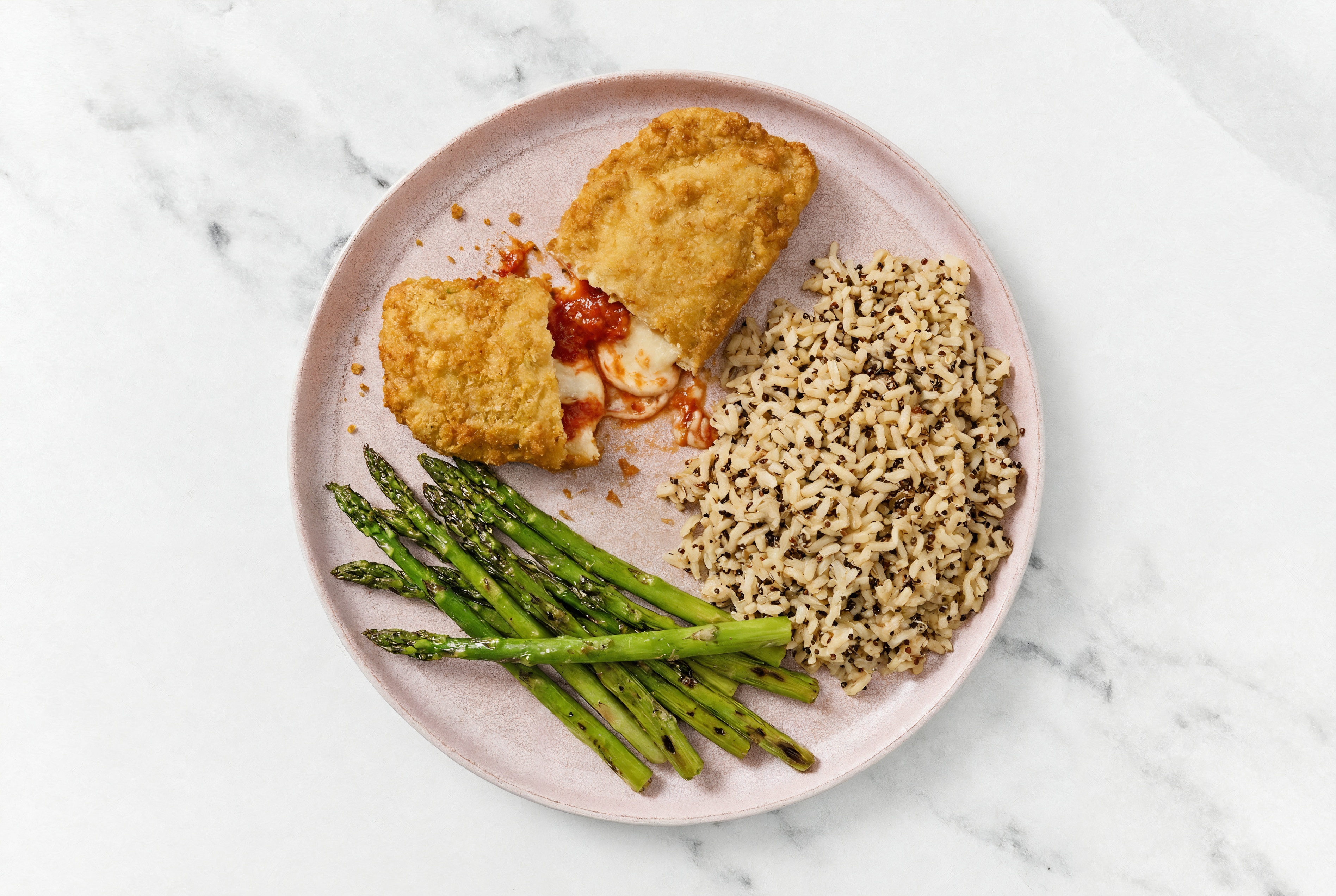 "Chicken" Parm with Asparagus & Quinoa Blend