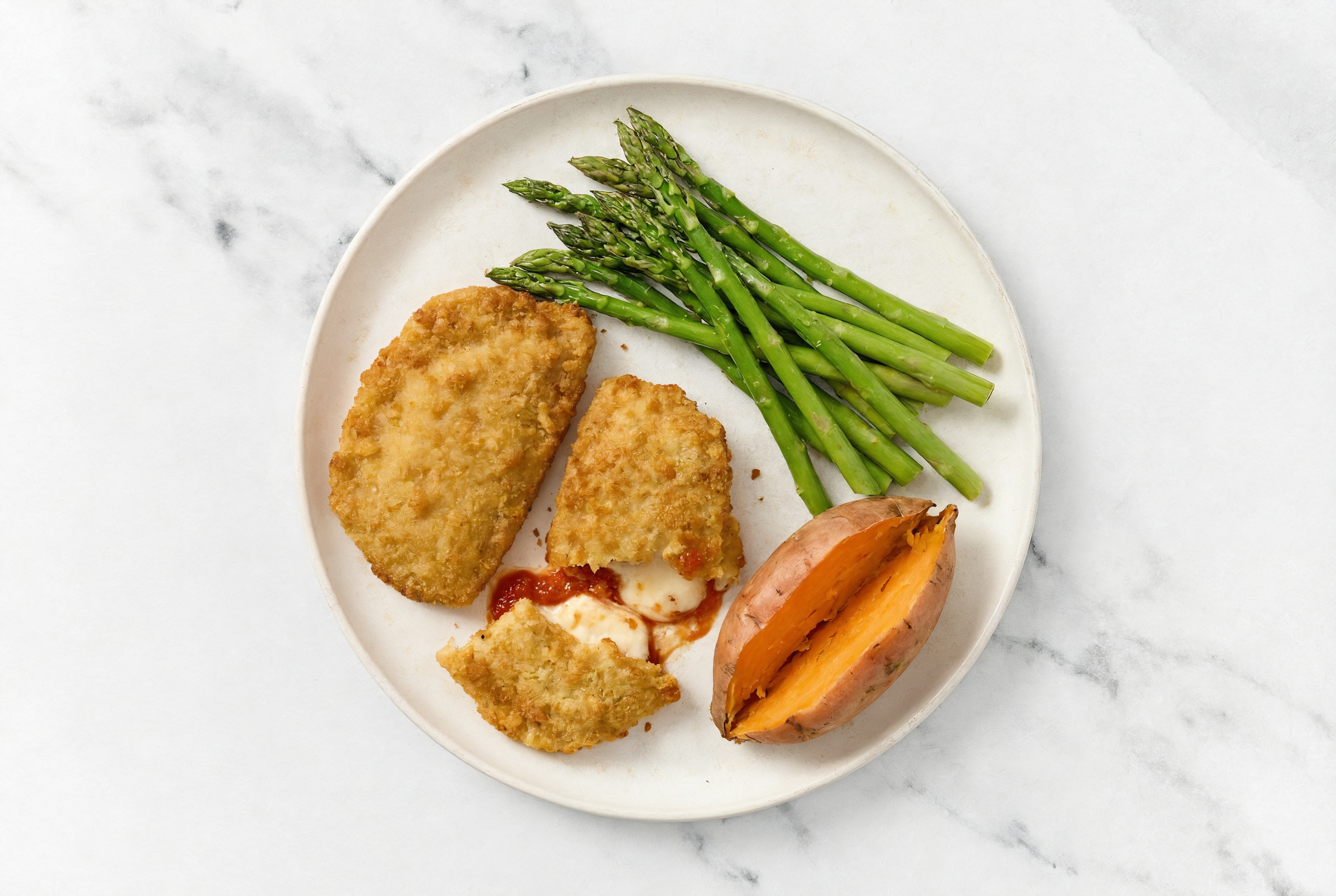 "Chicken" Parm with Asparagus & Sweet Potato