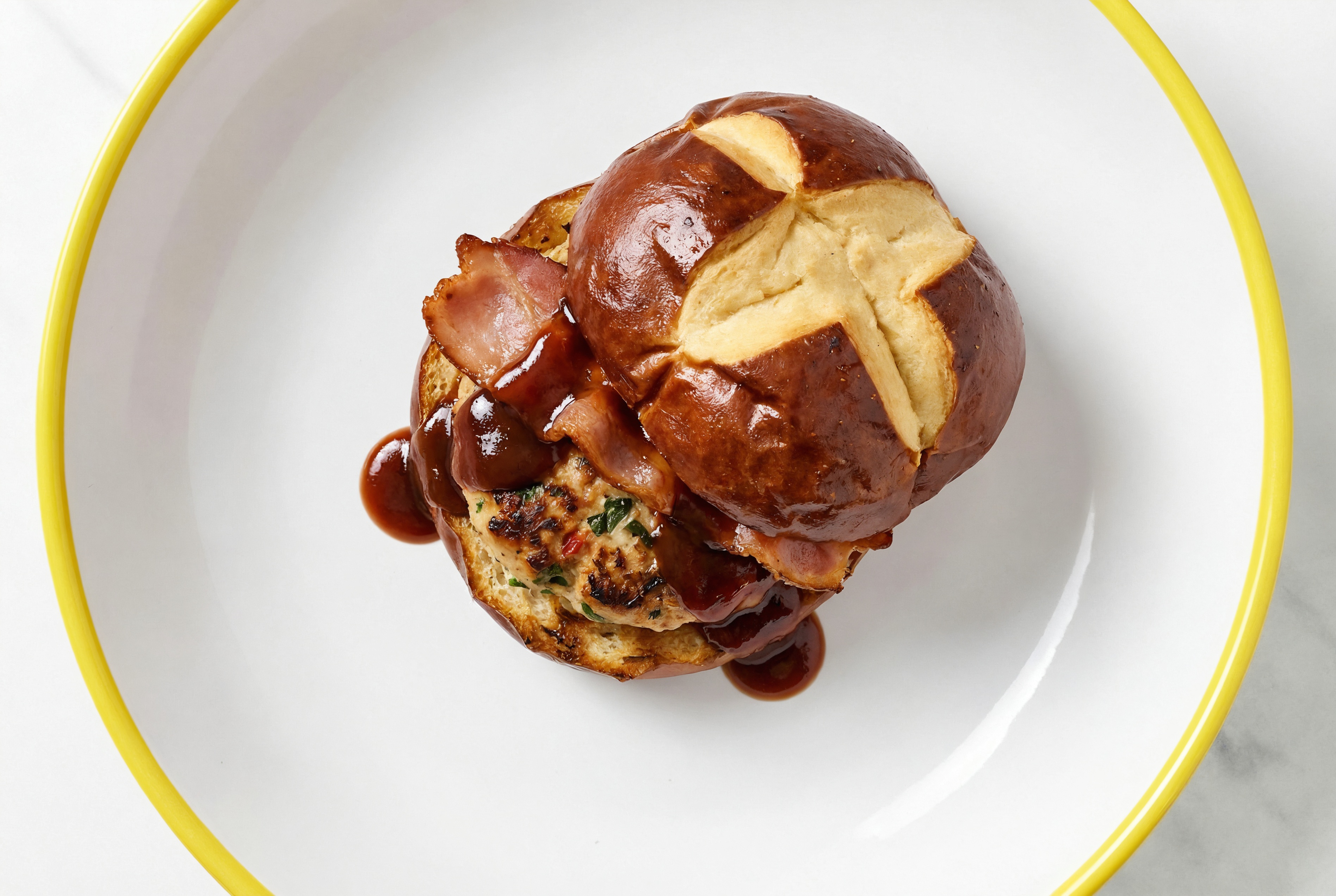 Garlic Chicken Burger on Pretzel with BBQ & Turkey Bacon with Original BBQ Sauce
