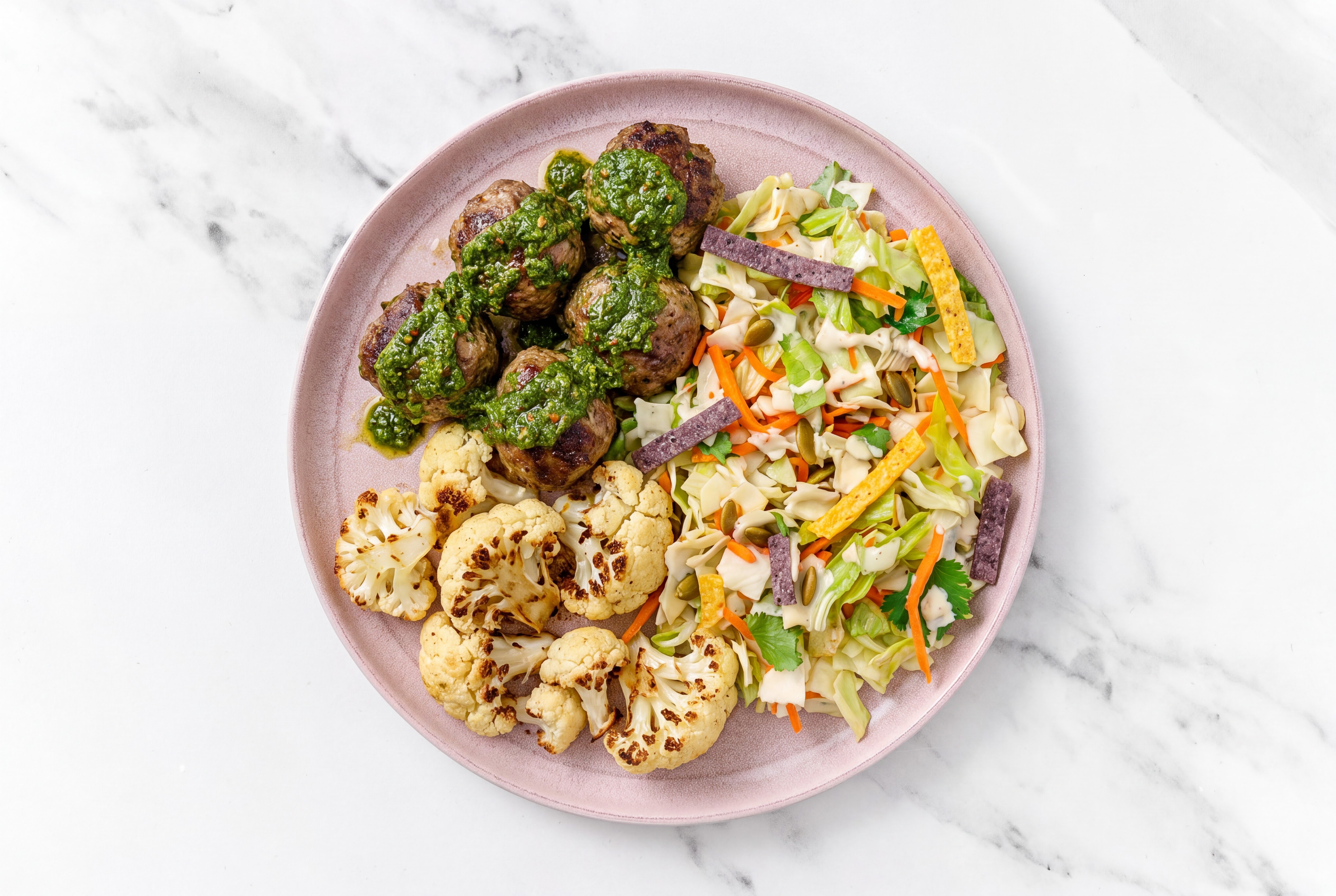 Zhoug Baked Lamb Meatballs & Cauliflower with Southwest Salad