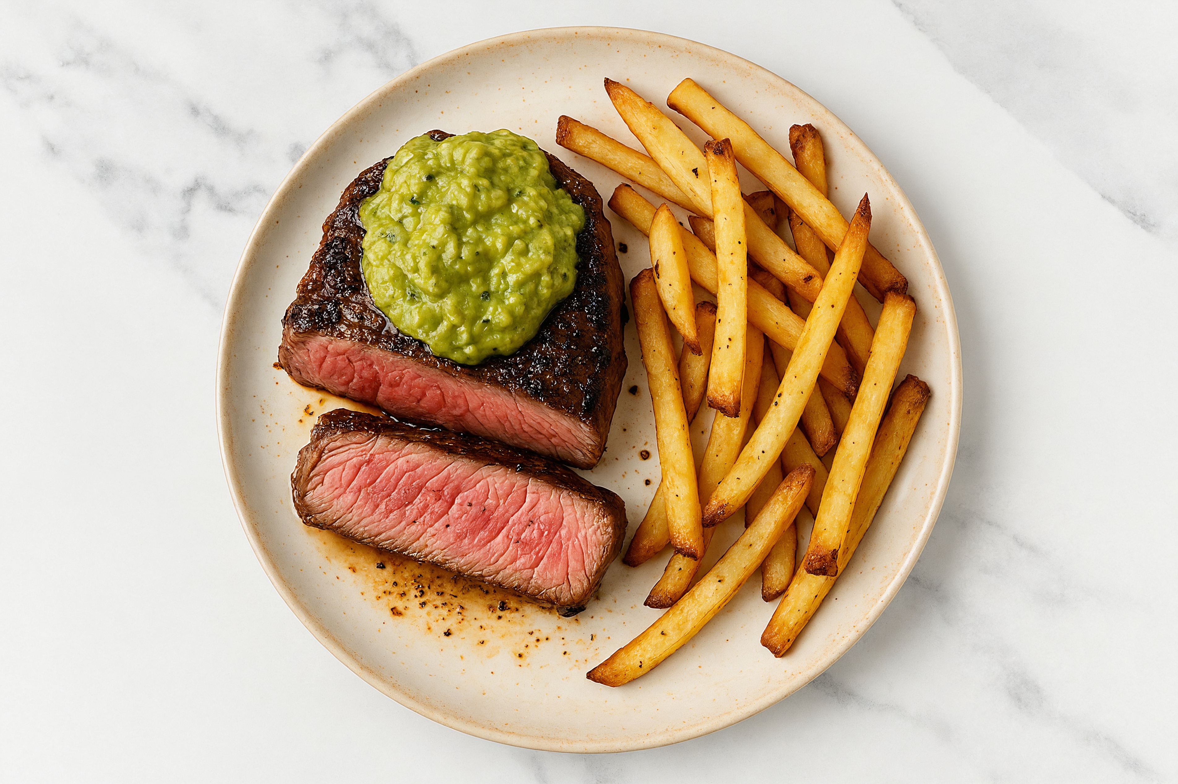 Seared Wagyu Strip Steak with Oven Fries + Guacamole