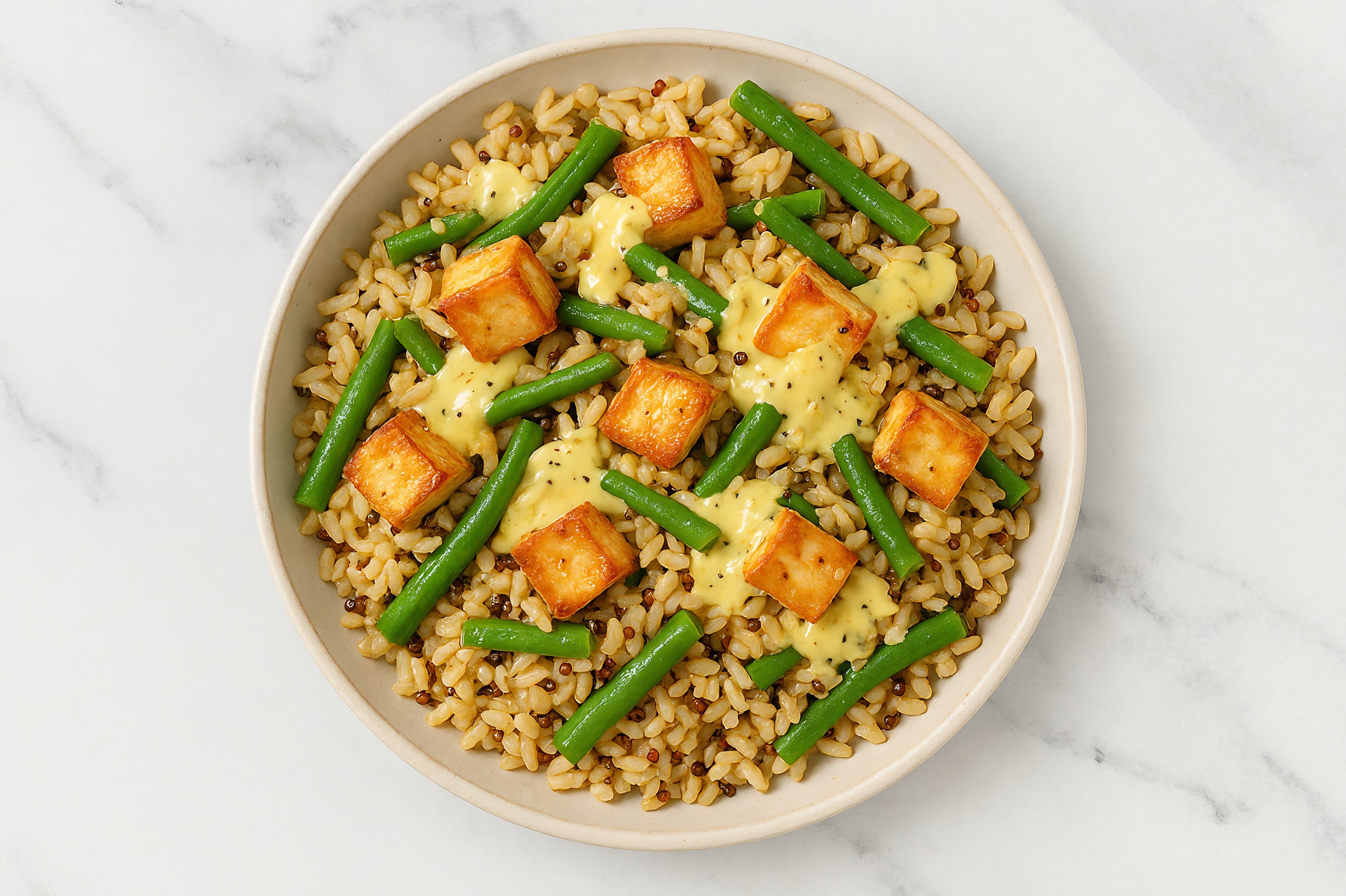 Honey Mustard Garlic Tofu + Green Beans over Brown Rice