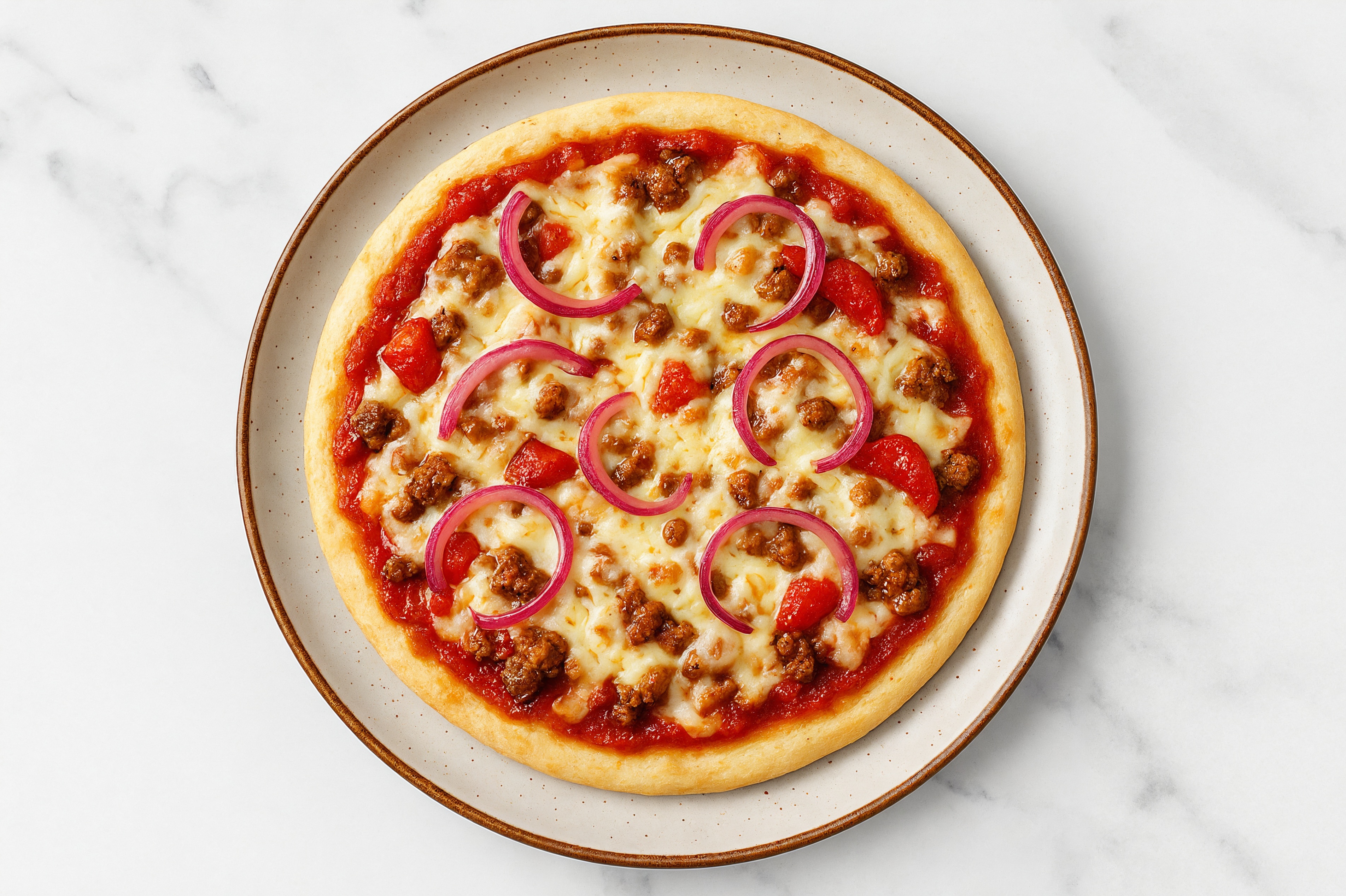 Classic Ground Beef + Roasted Bell Pepper Gluten-Free Pizza with Pickled Onion