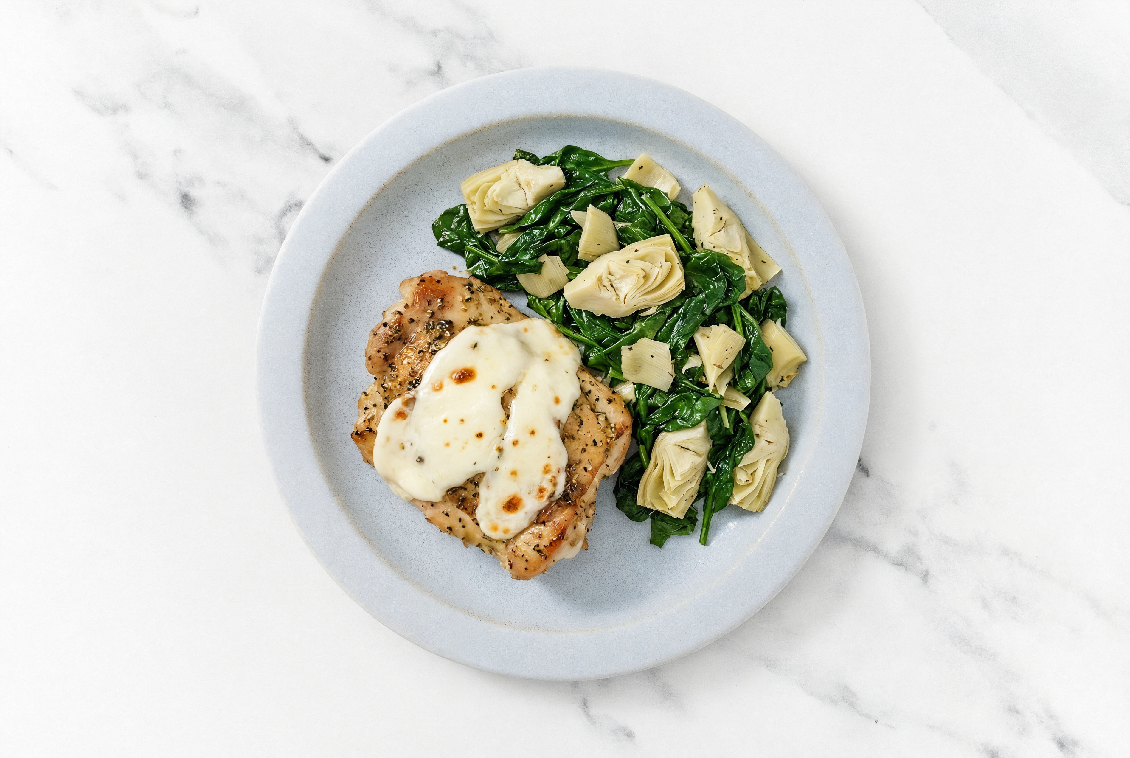 Cheesy Organic Spinach Artichoke Chicken Skillet with Mozzarella Ball