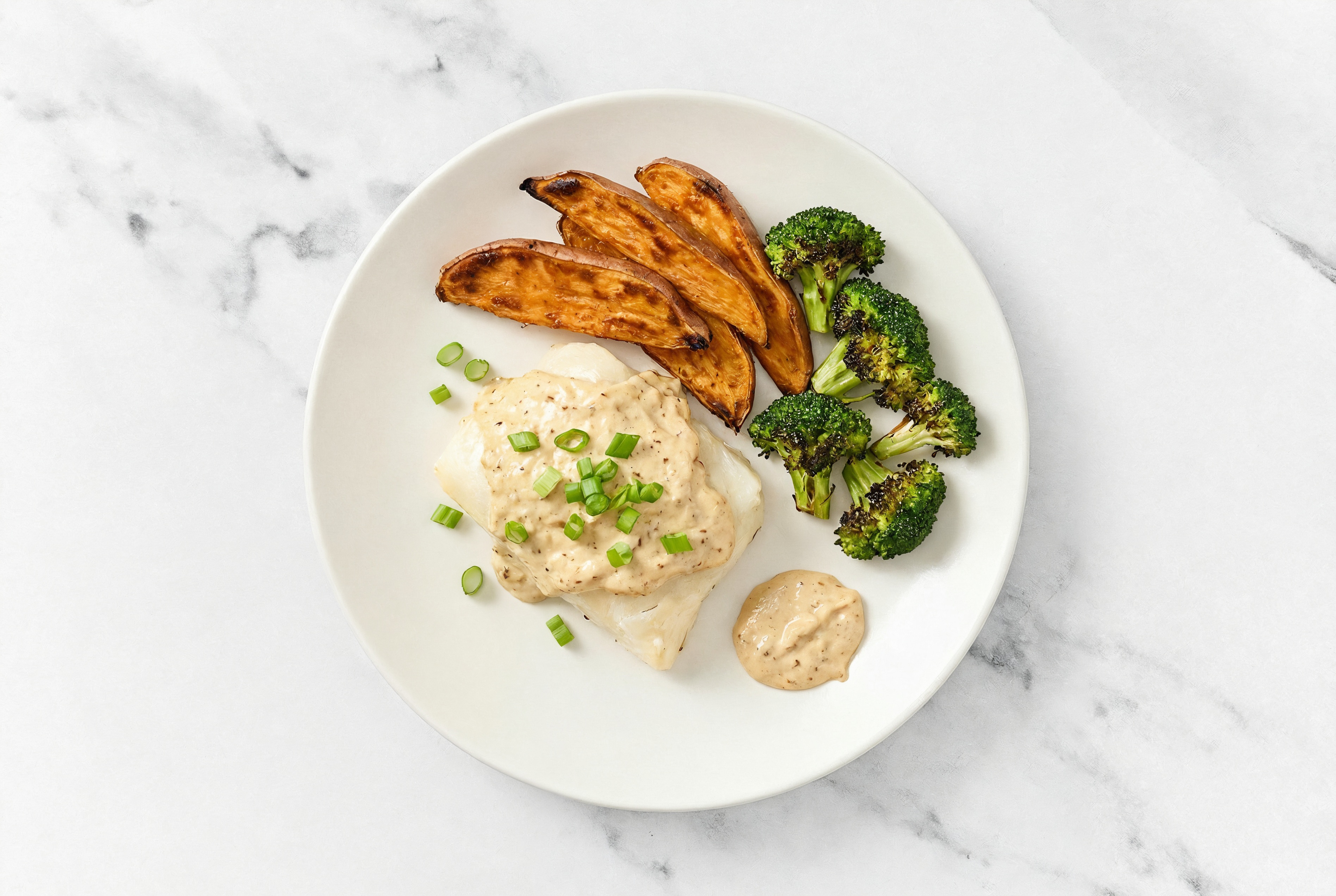Savory Roasted French Onion Halibut + Veggies with Broccoli Florets