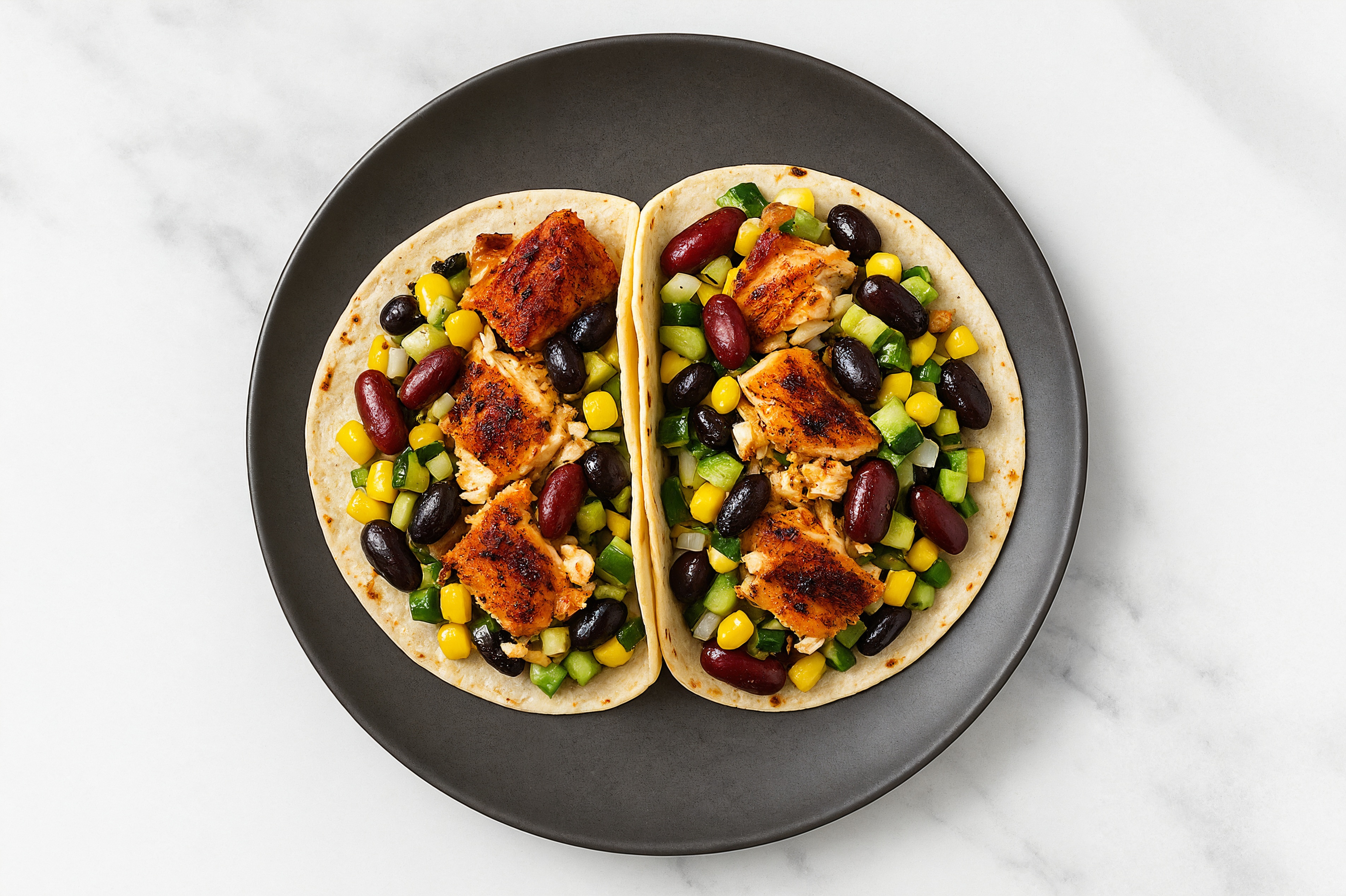 Herby Blackened Salmon Tacos with Bean Salad
