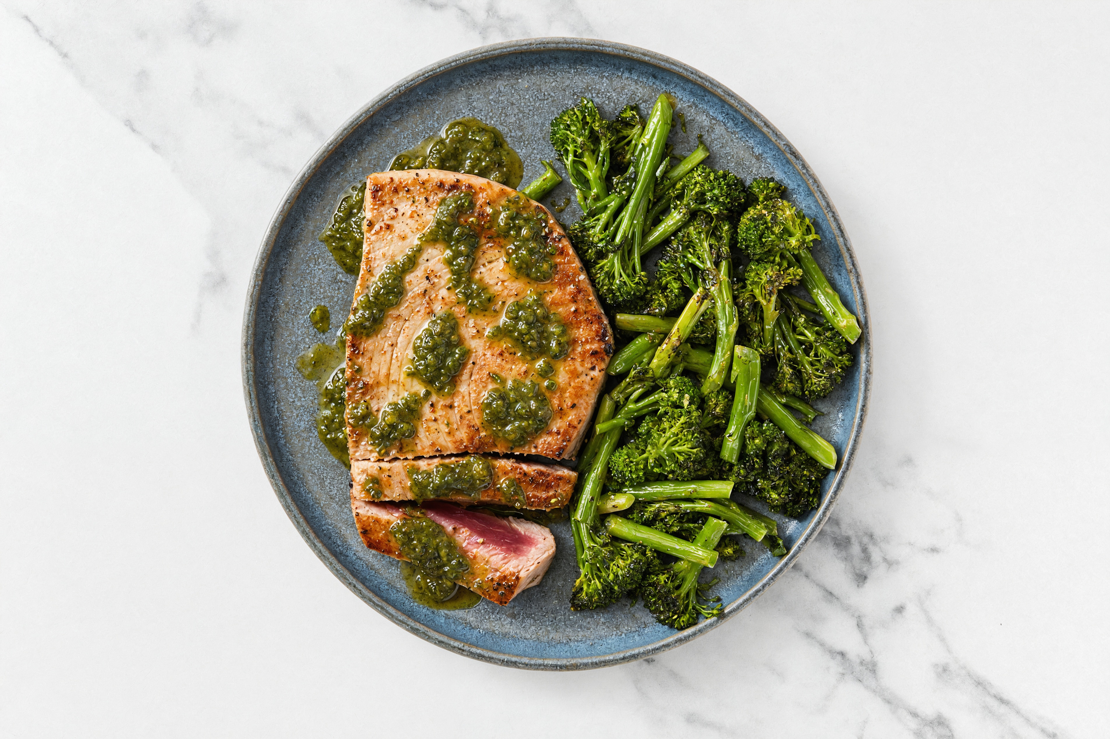 Zhoug Tuna Steaks with Baby Broccoli