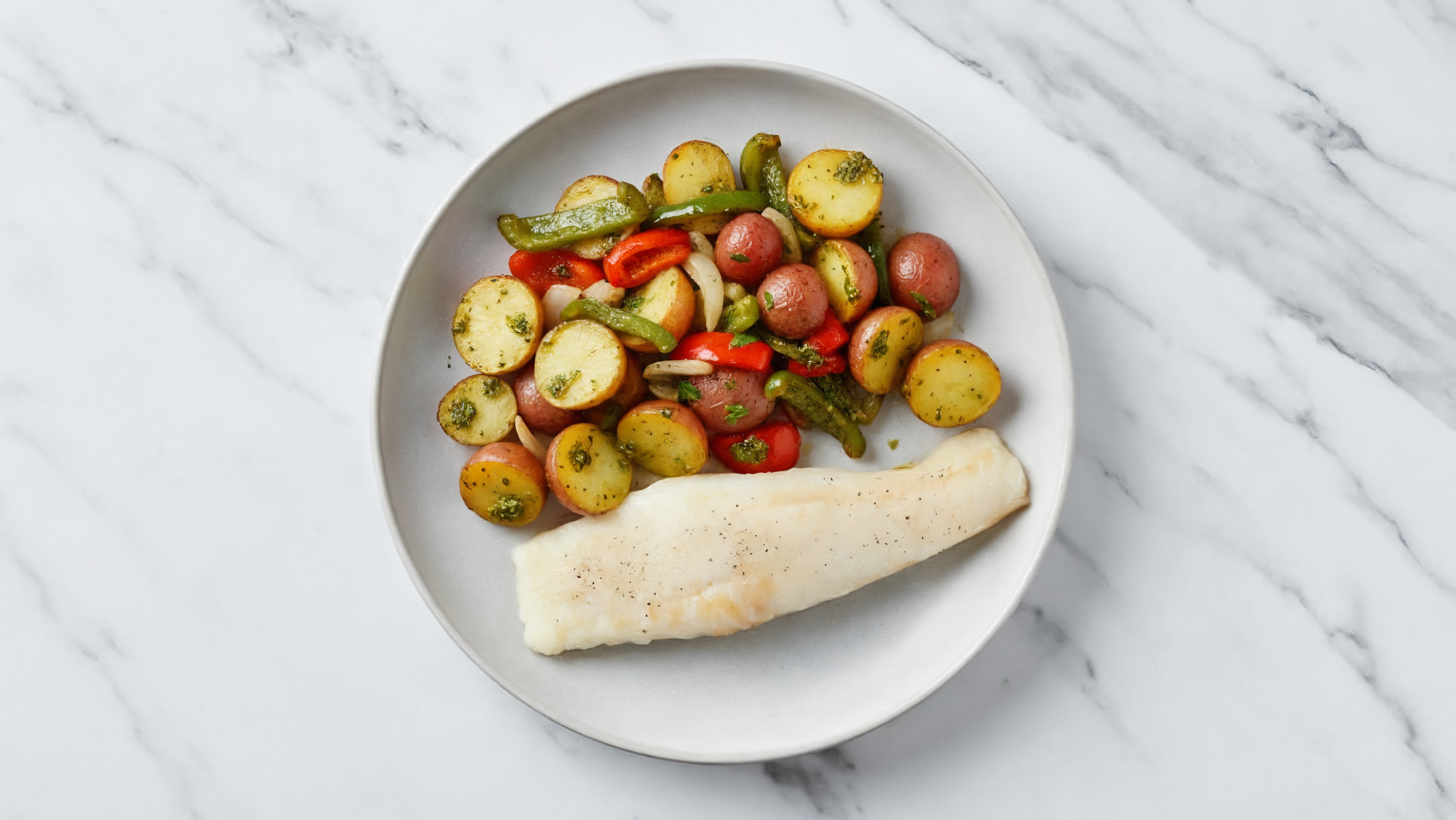 Sheet Pan Pesto-Cod with Potatoes & Peppers
