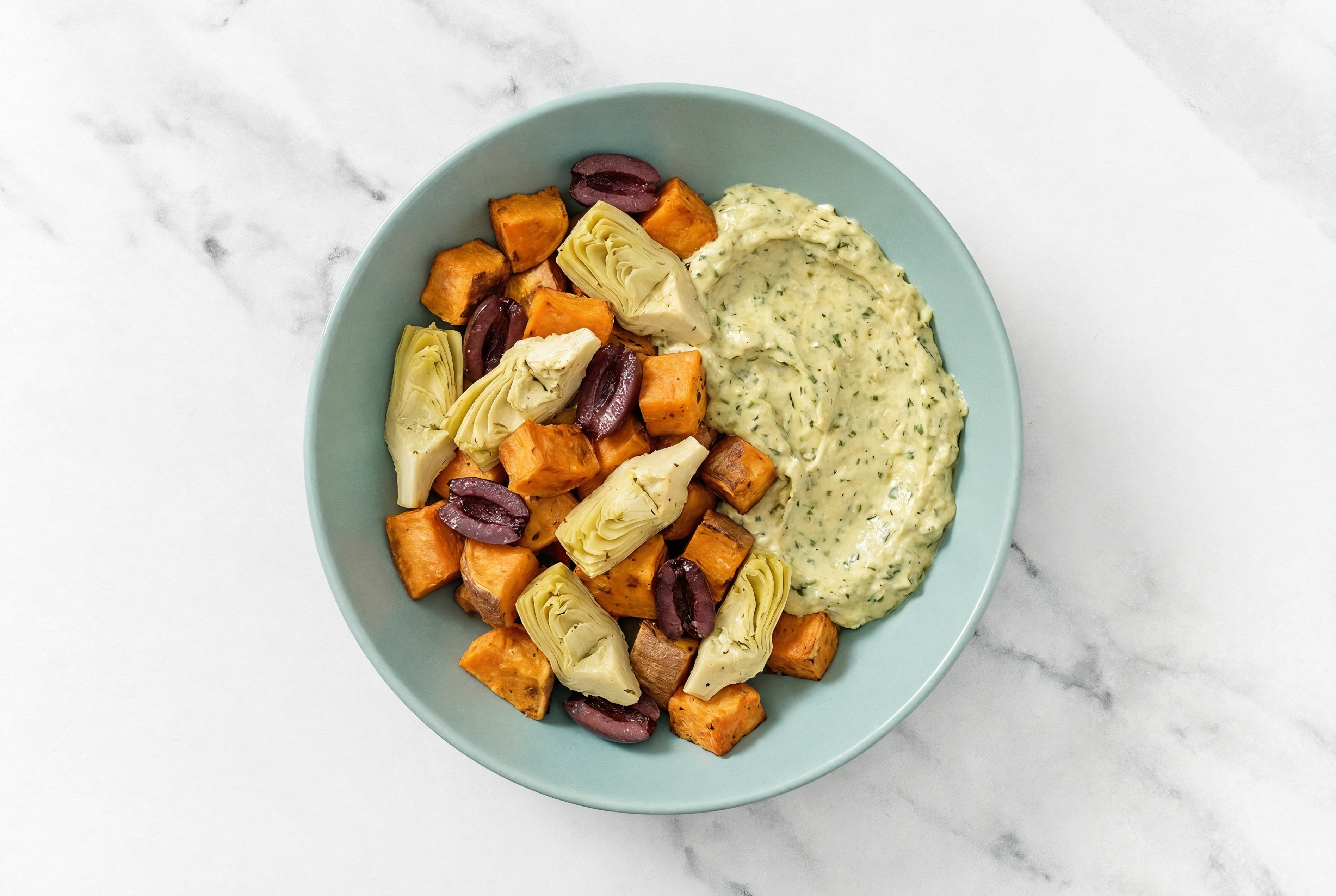 Olive Artichoke Sweet Potato Bowl over Spinach Artichoke Dip