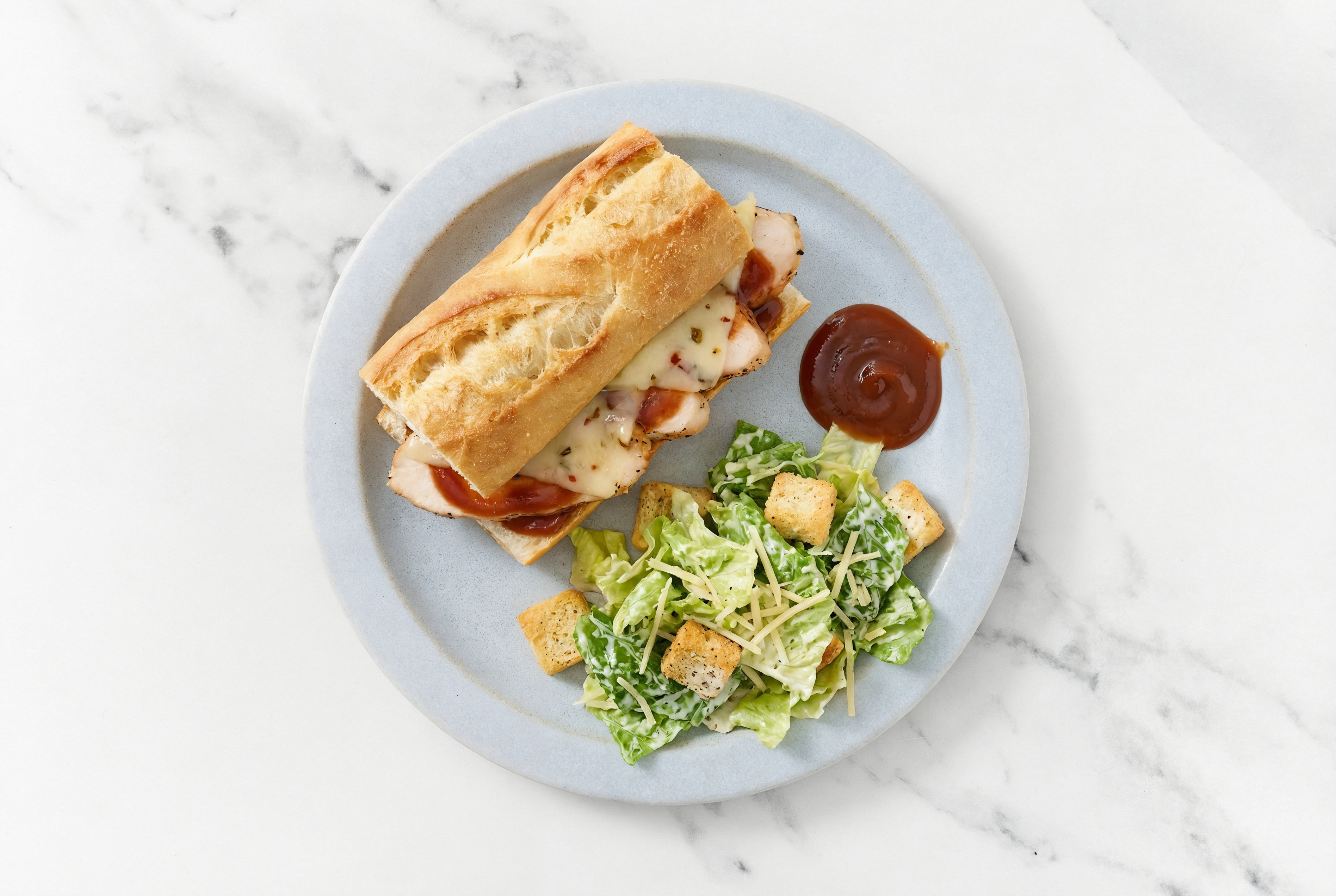 Easiest BBQ Chicken Baguette Melts + Caesar Salad with Original BBQ Sauce