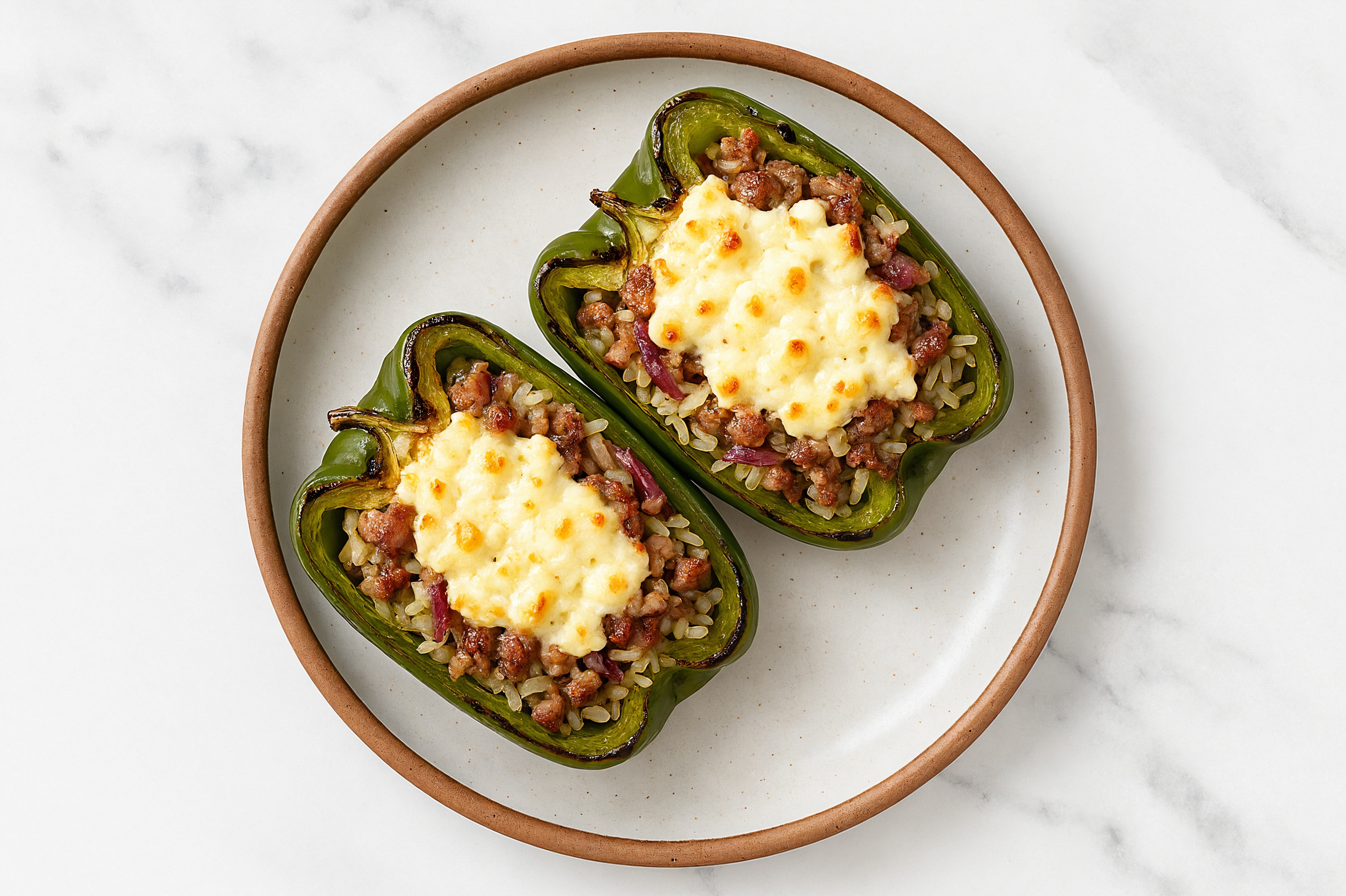 Ground Lamb + Goat Cheese Stuffed Peppers with Long Grain White Rice