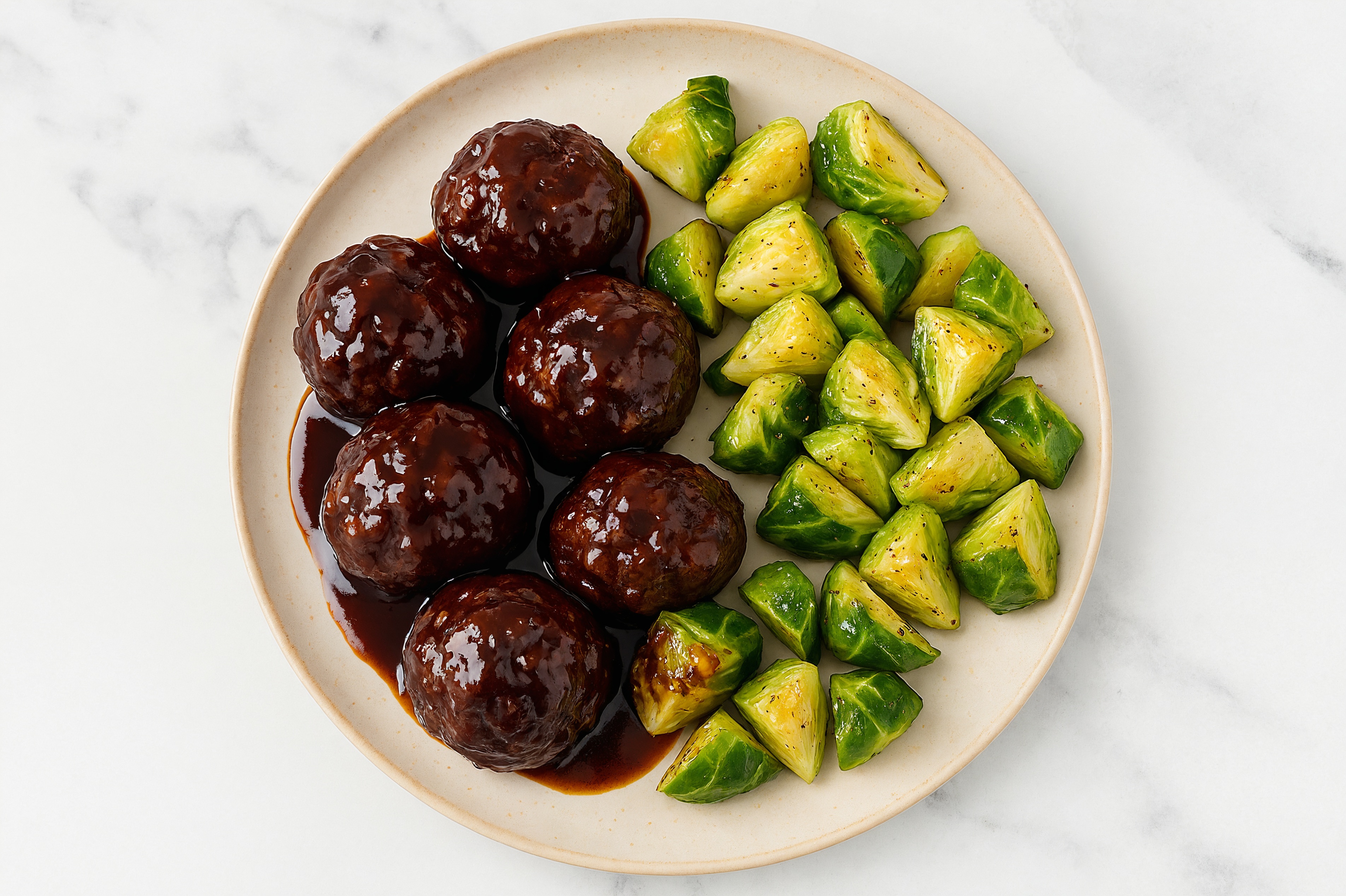 Teriyaki Baked Beef Meatballs & Brussels Sprouts