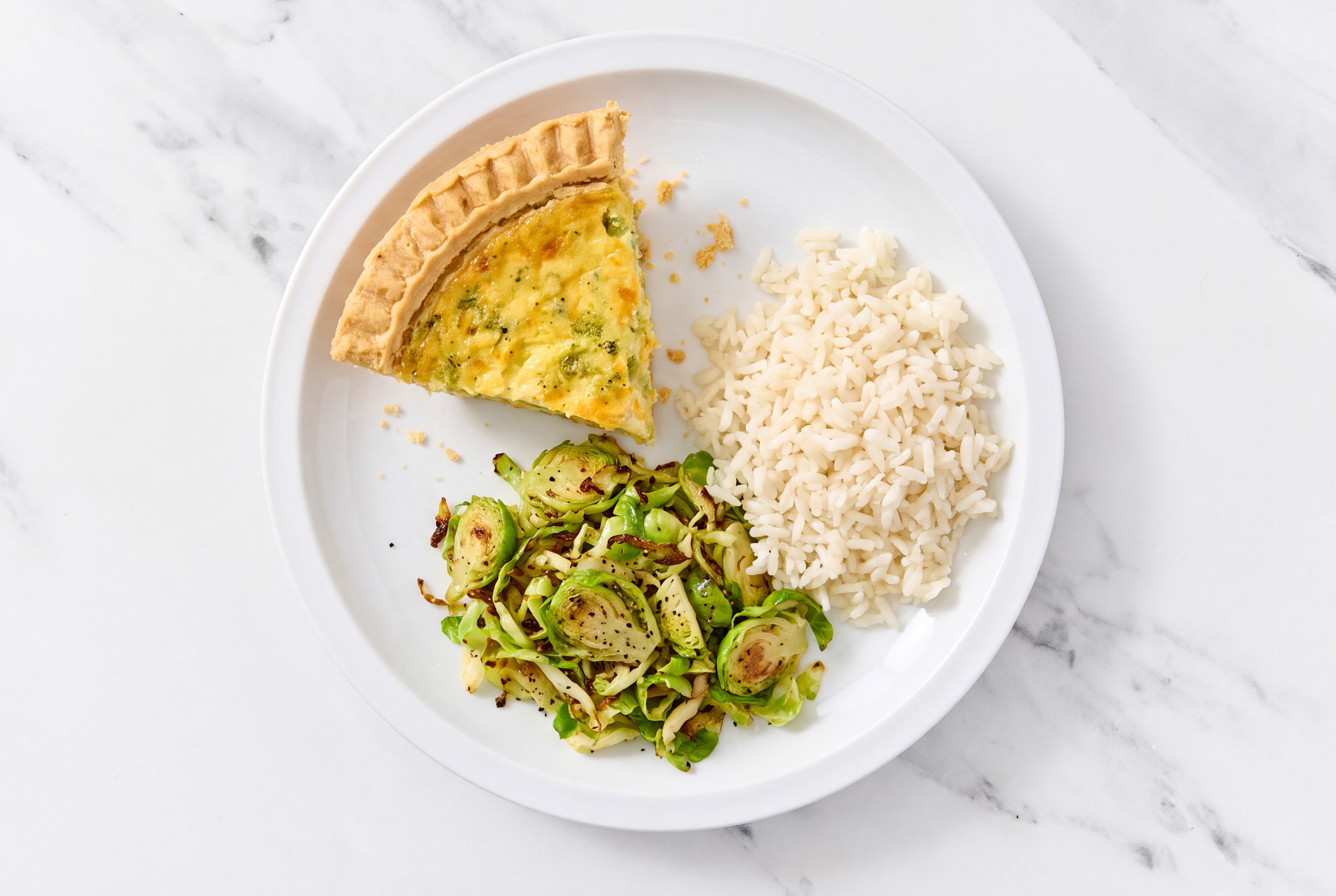 Broccoli & Cheddar Quiche with Brussels & White Rice