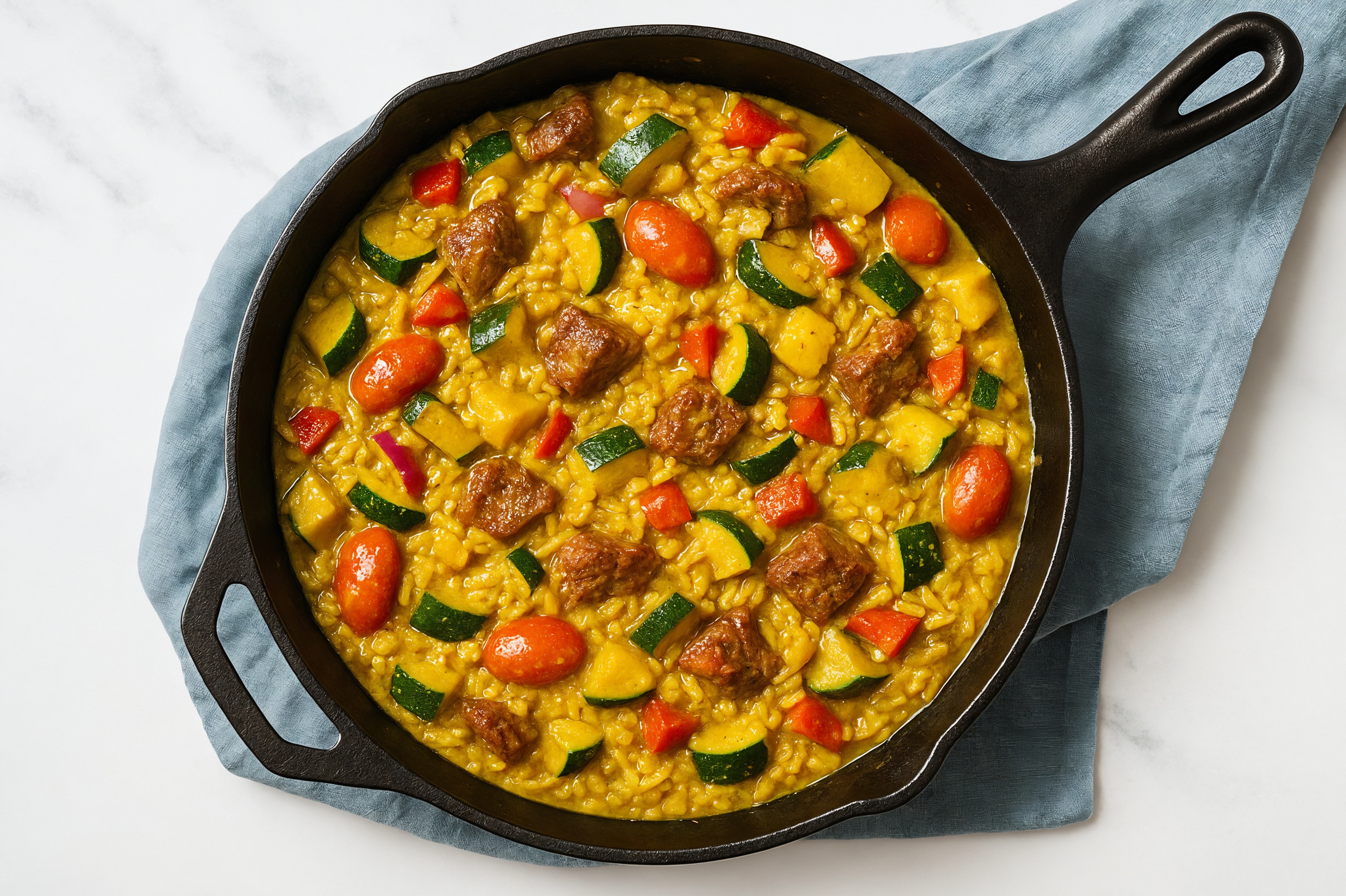 Curry Squash + Bison Stir-Fry with Seasoned Jasmine Rice