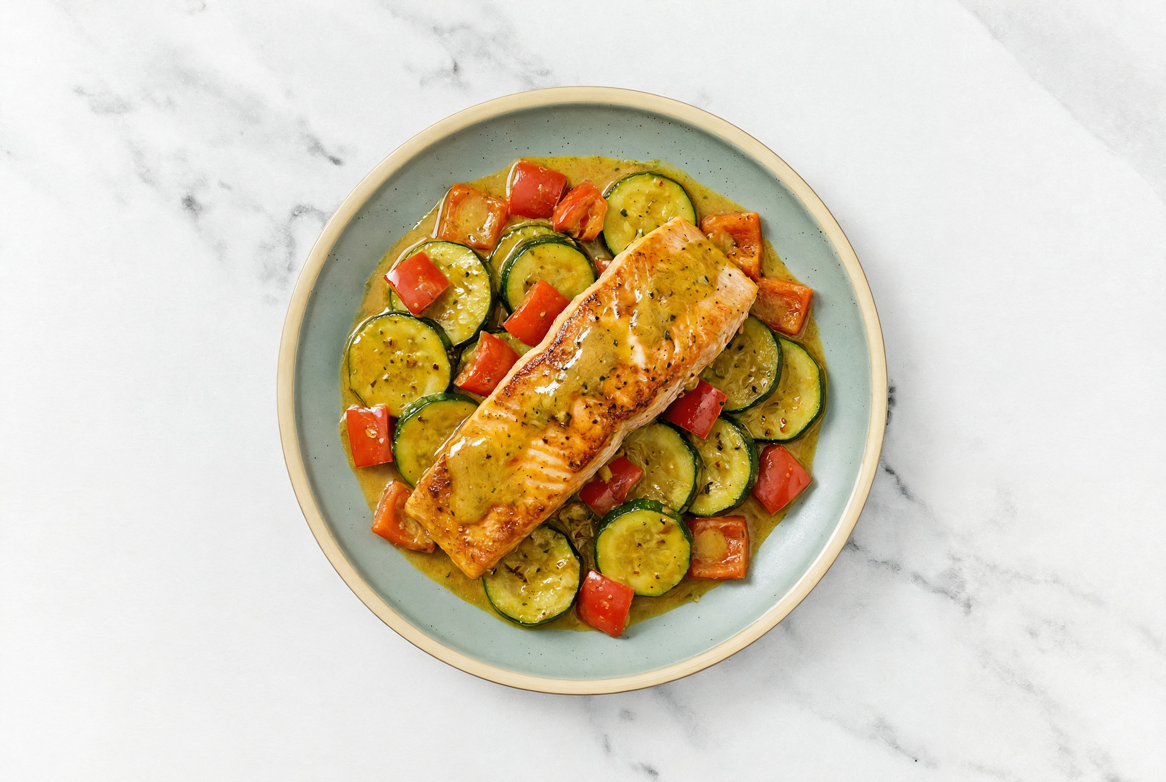 Atlantic Salmon in Coconut Curry Sauce with Zucchini + Red Bell Pepper