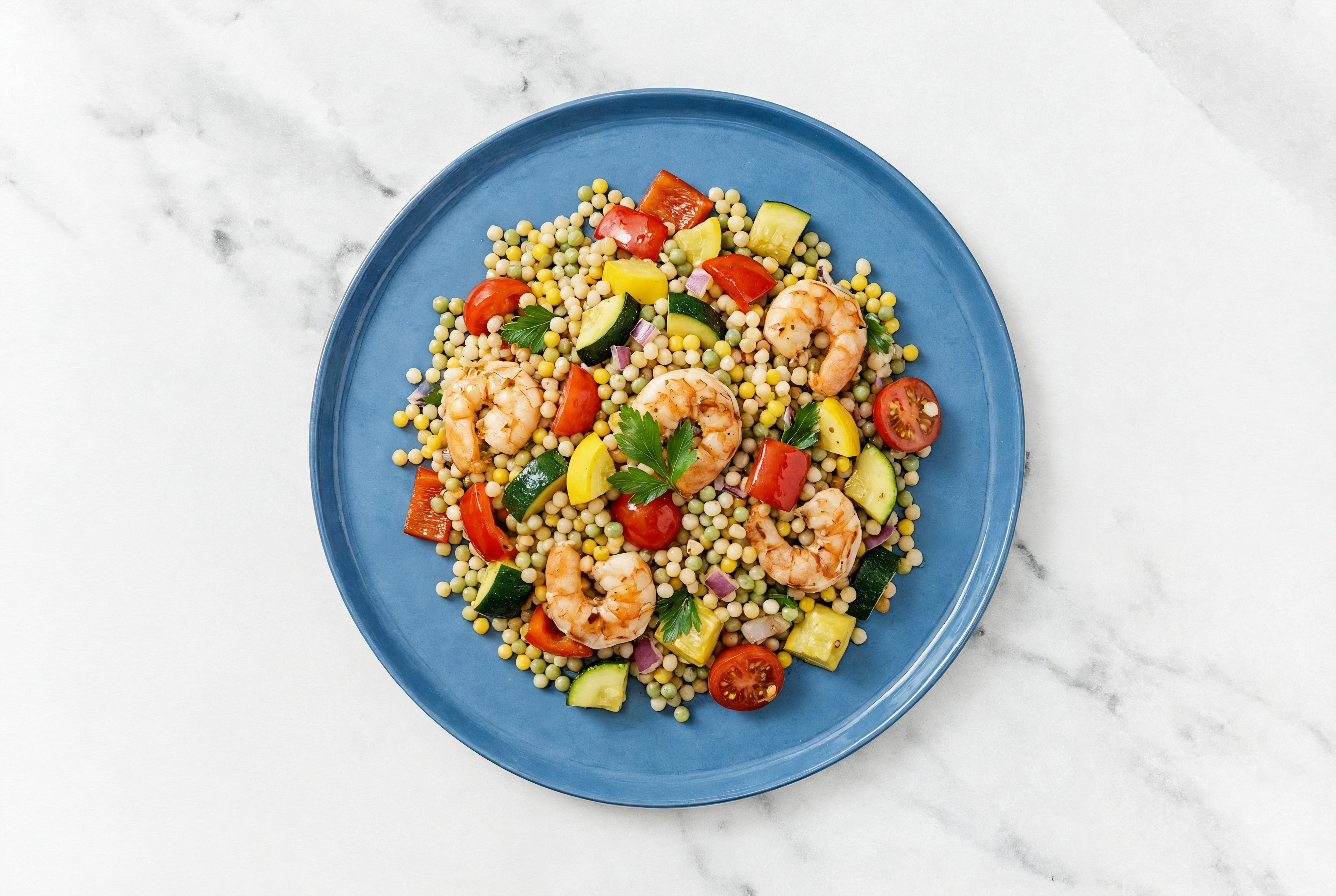Summer Veggie + Jumbo Shrimp Couscous Pasta Salad