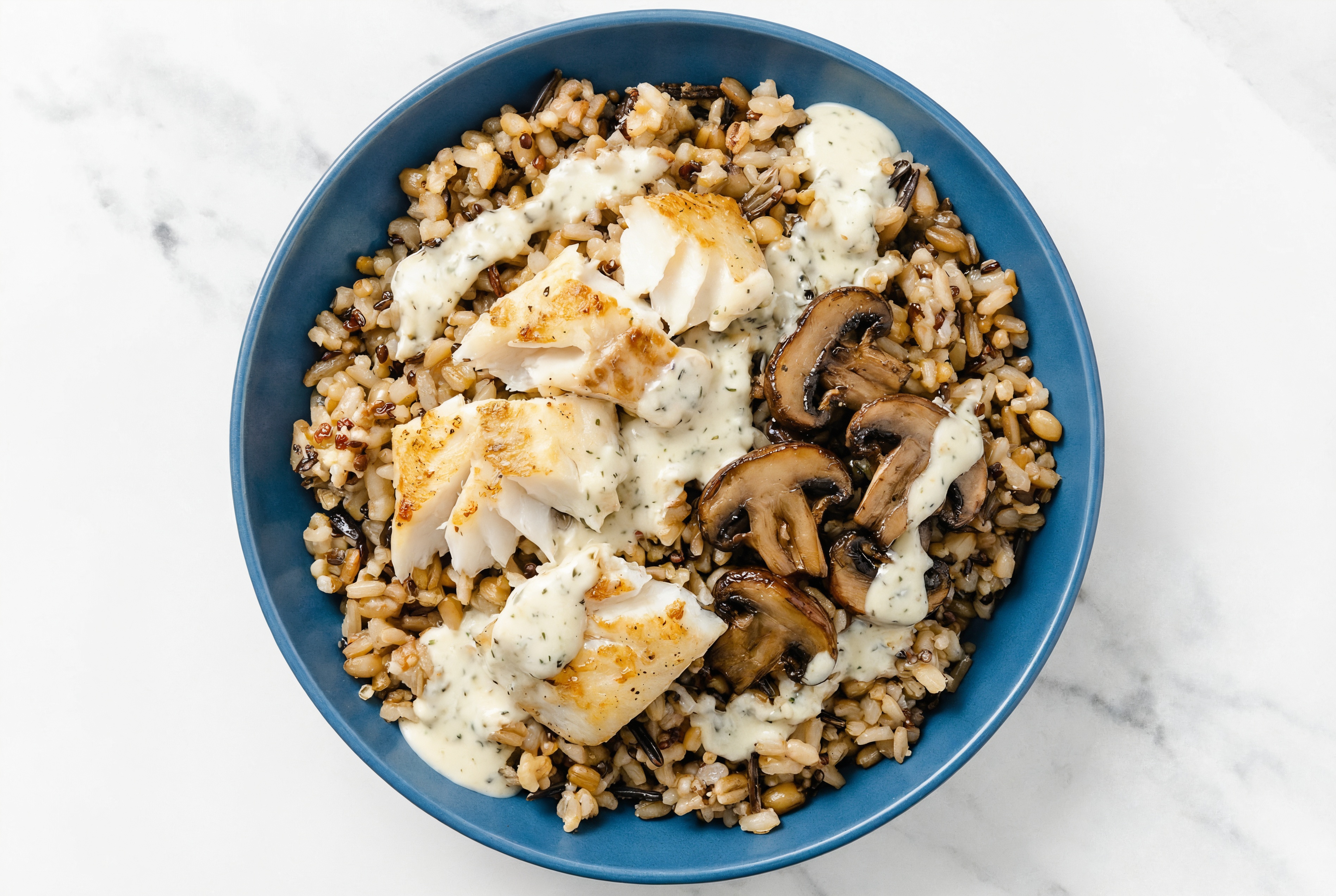 Barramundi & Mushroom Grain Bowl with Garlic Sauce