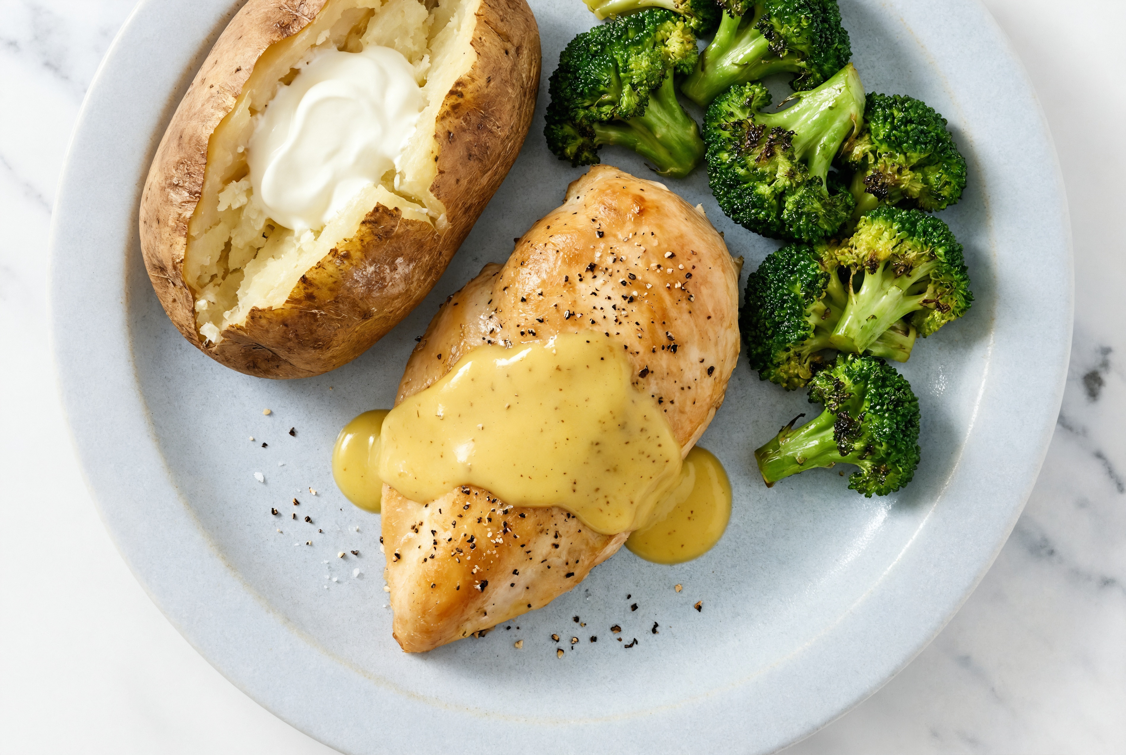  Honey Mustard Chicken Breasts + Baked Potatoes with Broccoli Florets