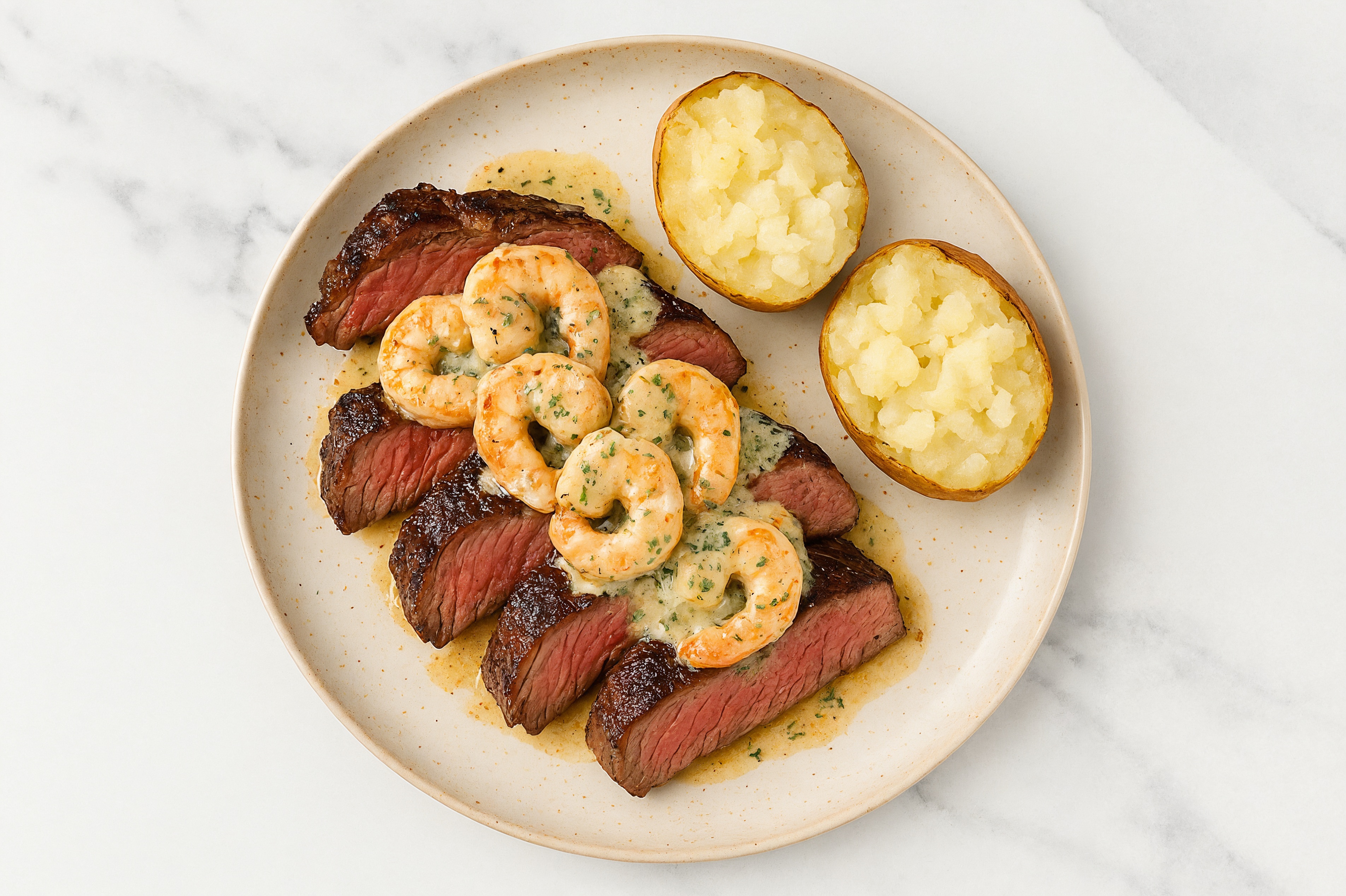 Ribeye Steak with Buttery Shrimp + Potato