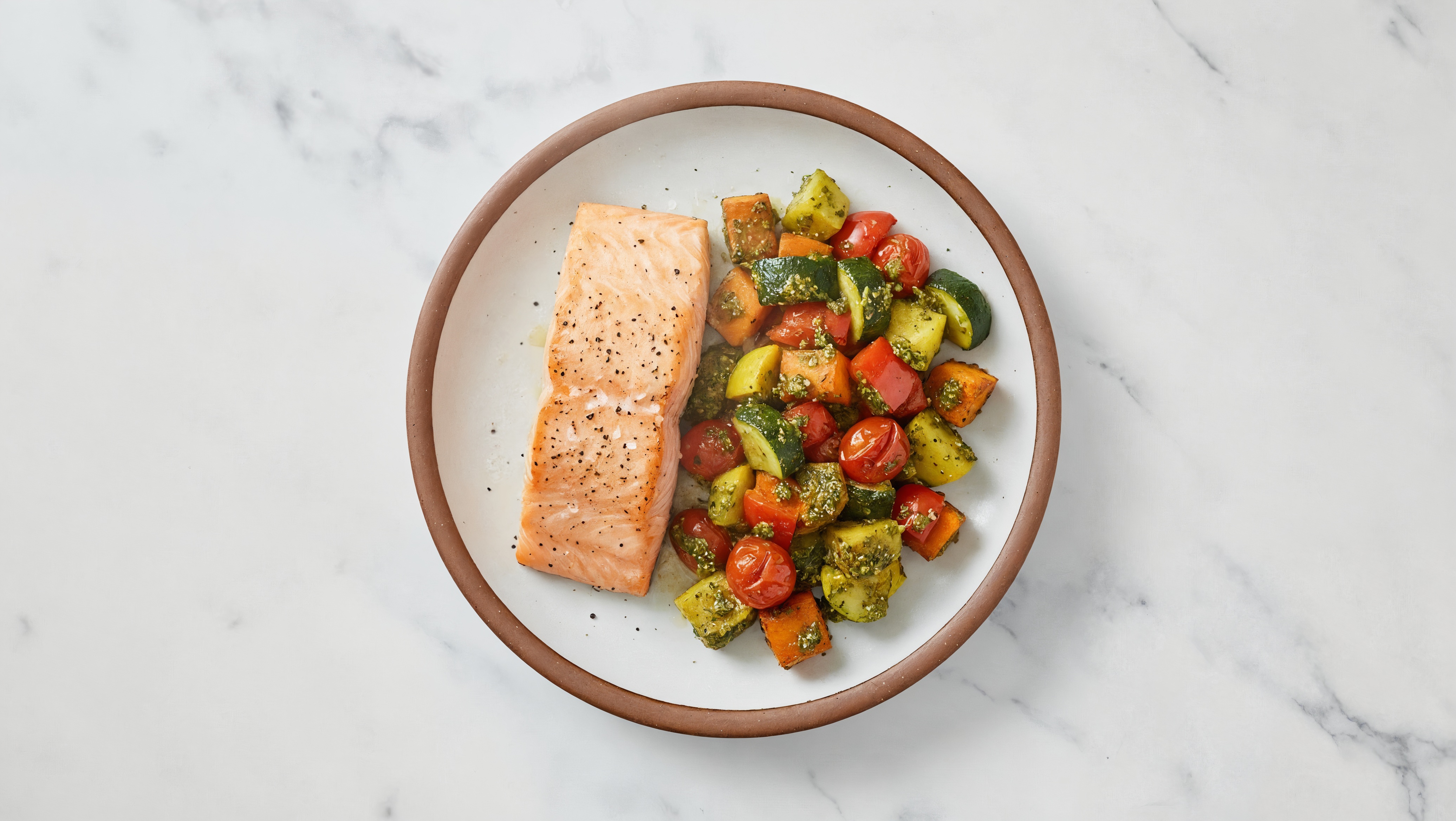 Sheet Pan Pesto-Salmon with Sweet Potatoes & Squash