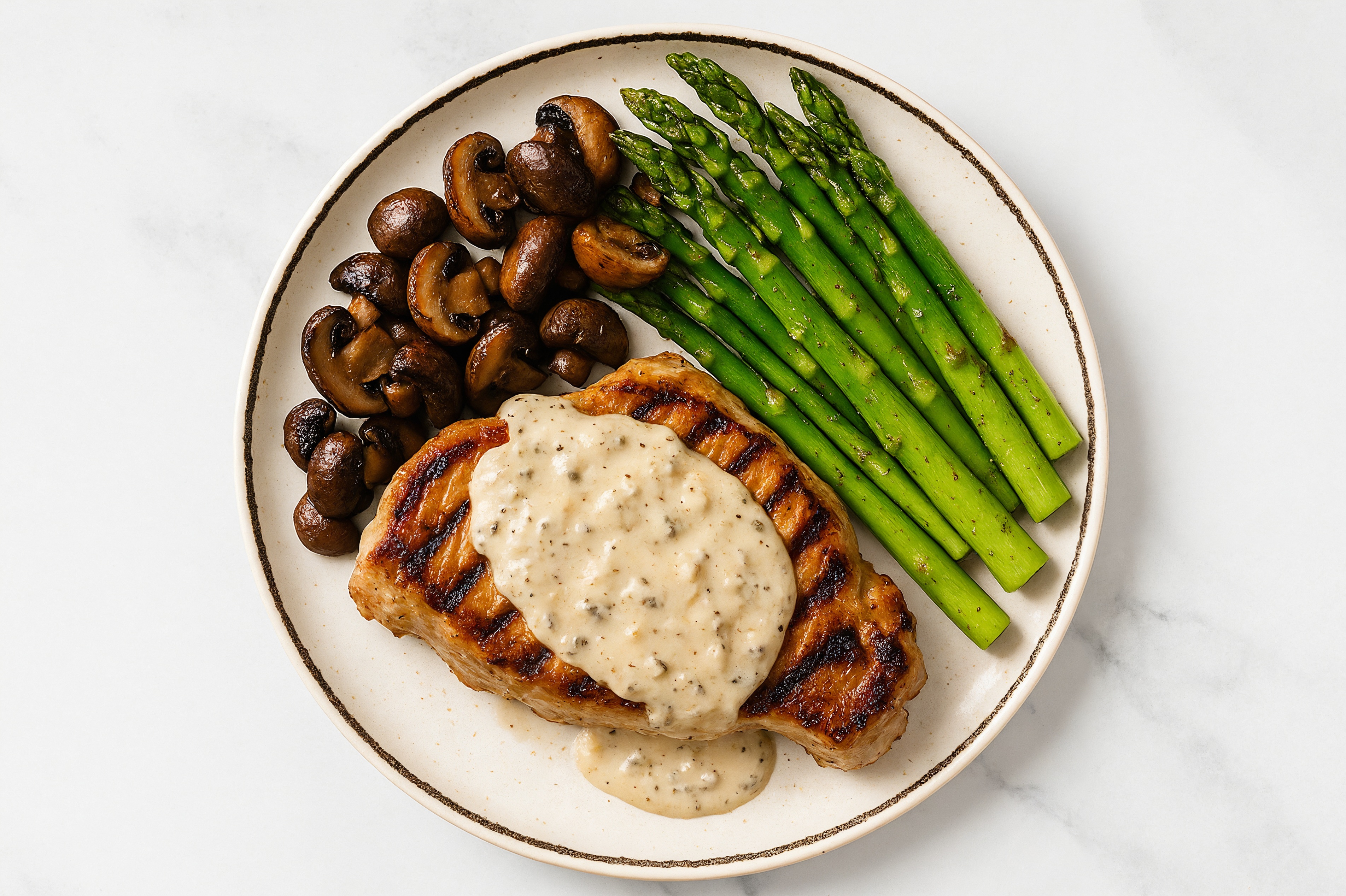 Creamy Truffle Smothered Pork Chops with Asparagus & Roasted Mushrooms