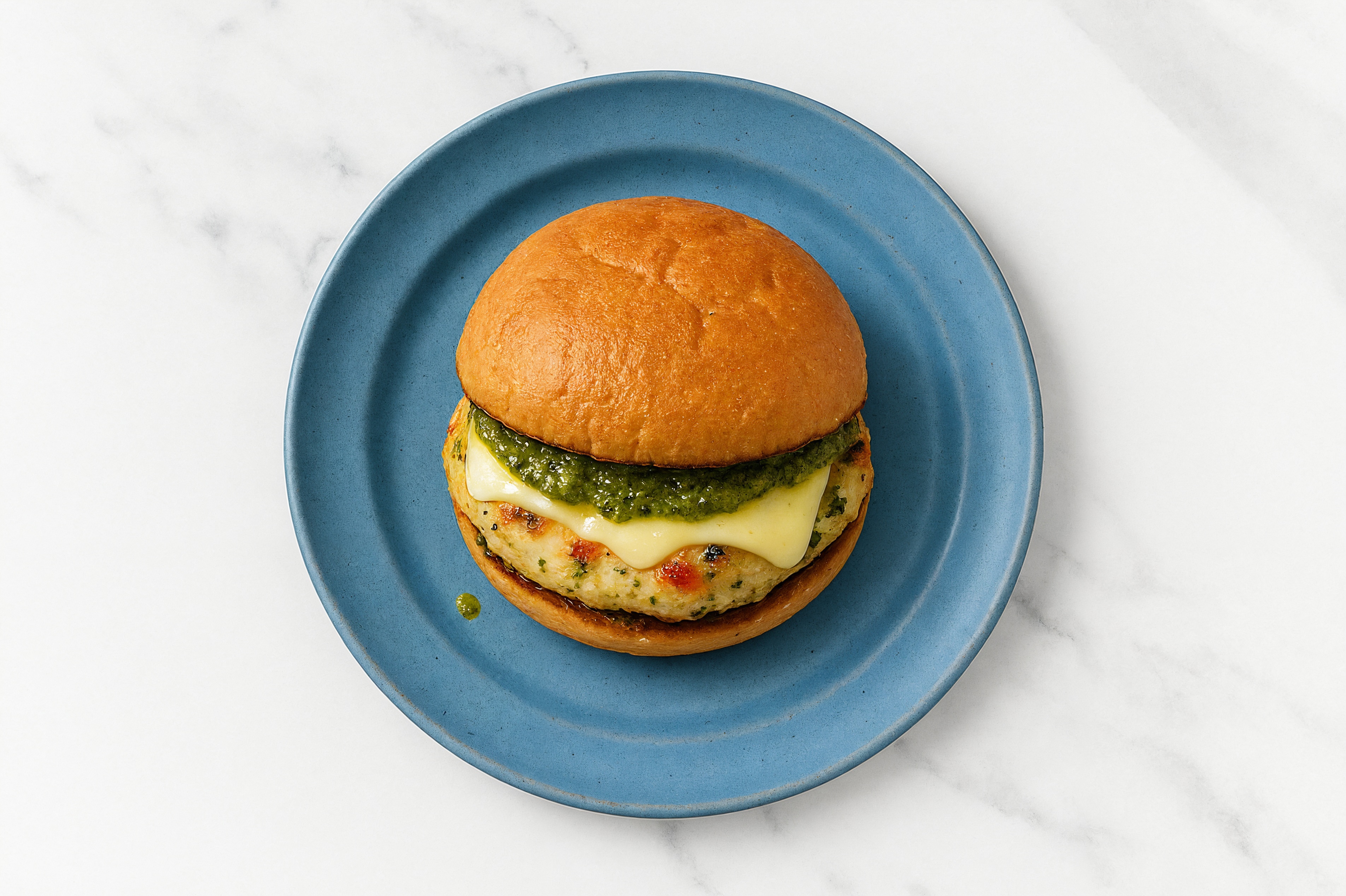 Havarti Chicken Burger on GF Bun with Basil Pesto