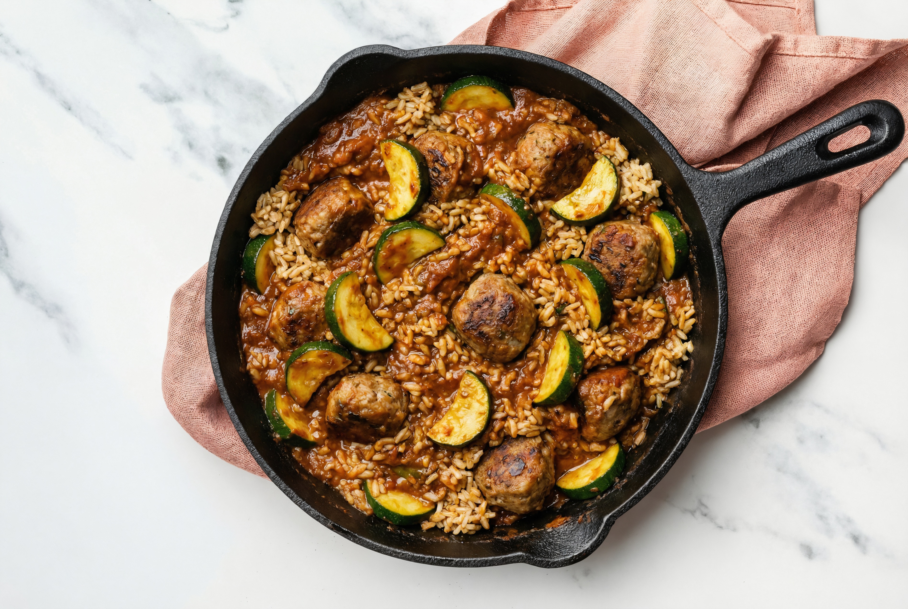 Spicy Vindaloo Meatball Stir-Fry with Zucchini over Brown Rice