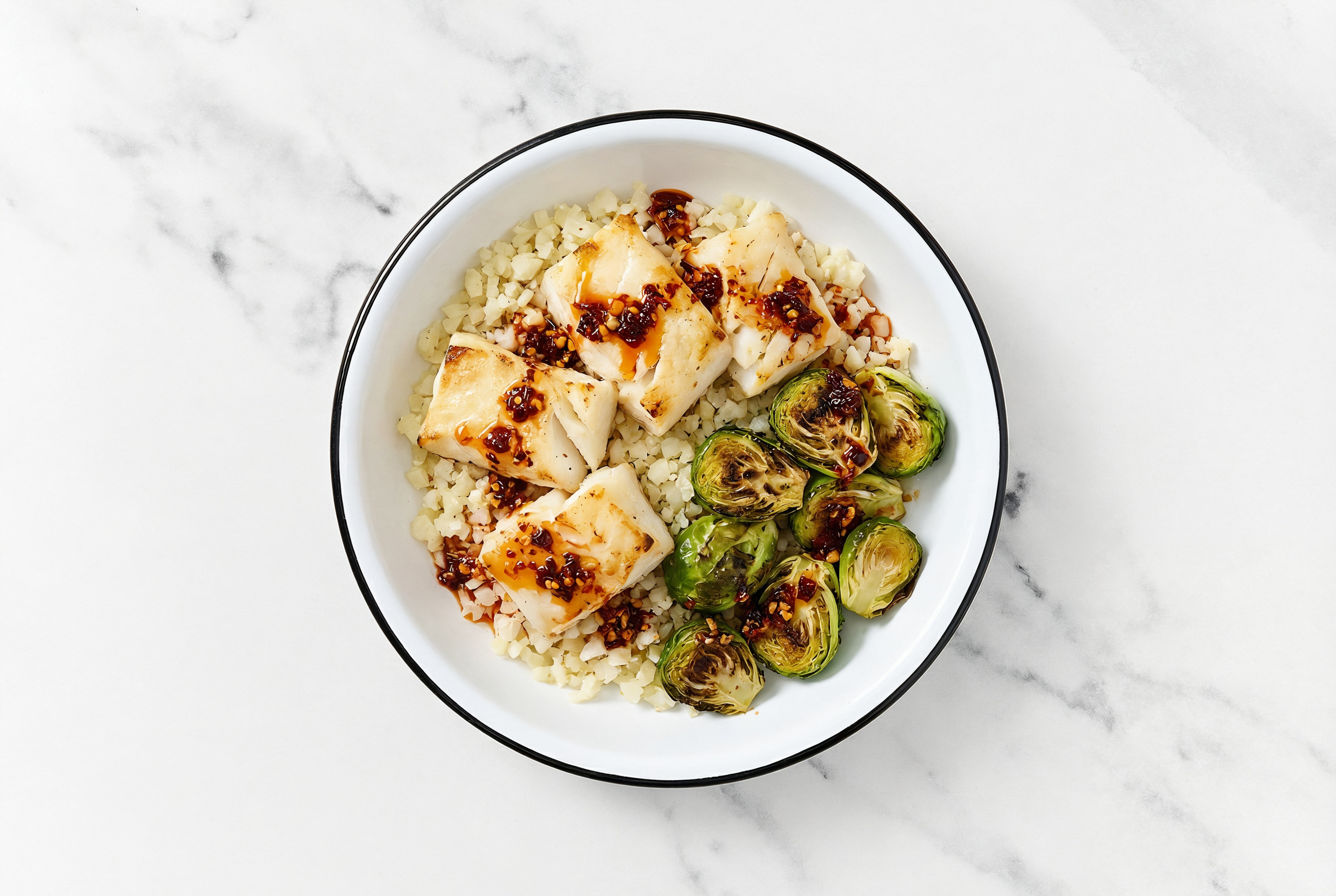 Air Fryer Chili Crisp Halibut + Brussels with Riced Cauliflower