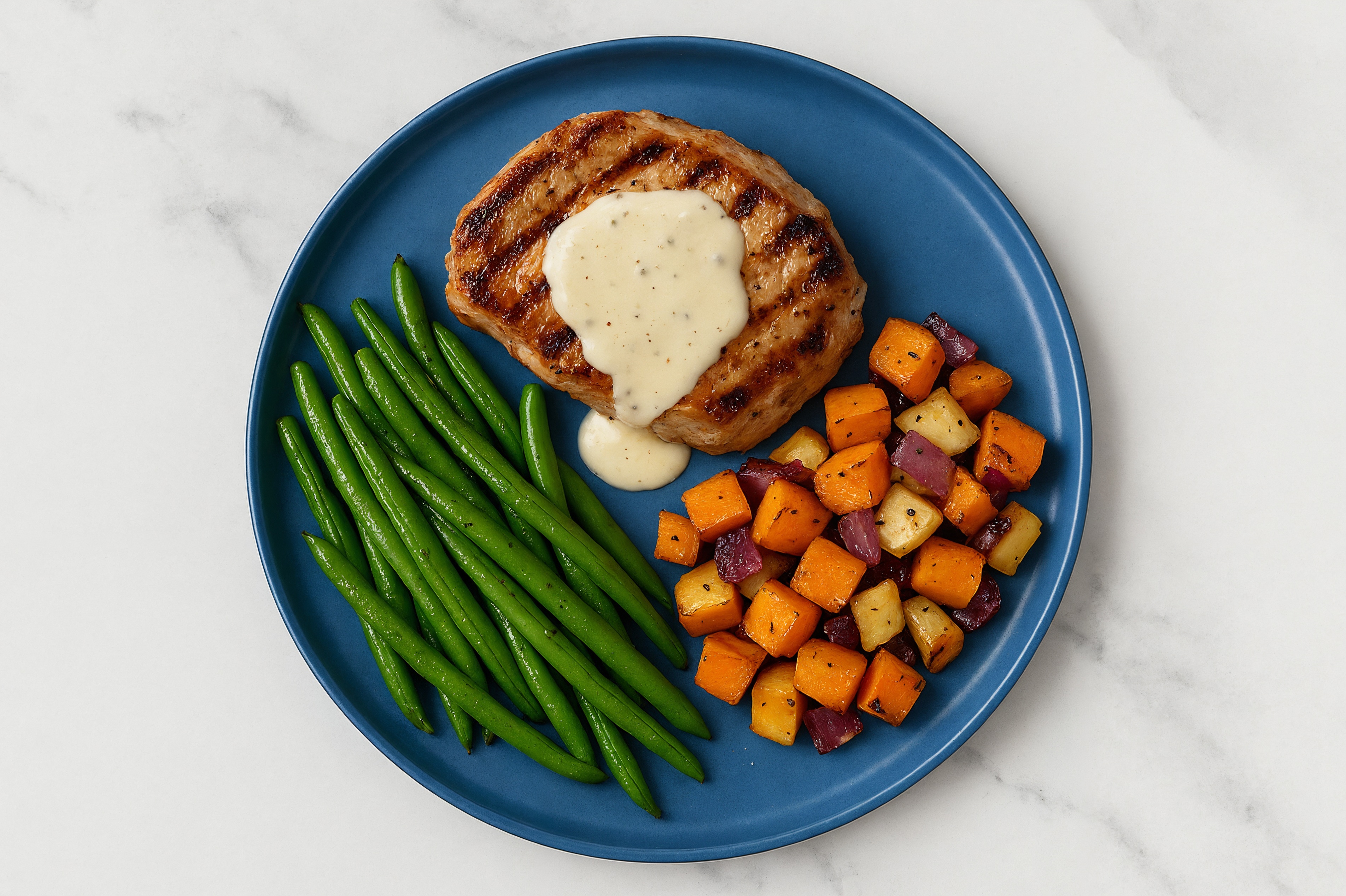 Creamy Parmesan Smothered Pork Chops with Green Beans & Roasted Vegetables