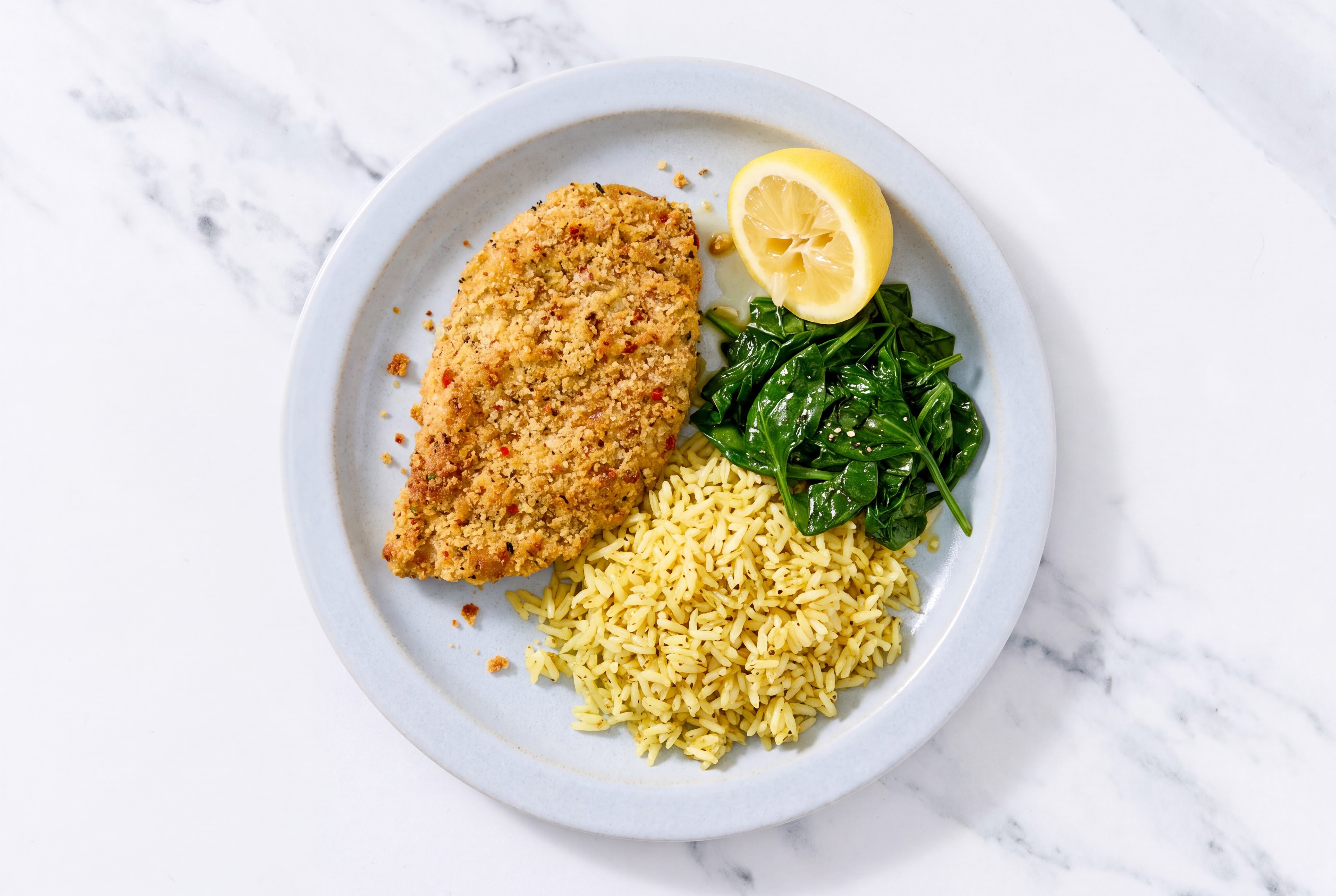 Lemon Parmesan Breaded Chicken Cutlet with Baby Spinach & Jasmine Rice