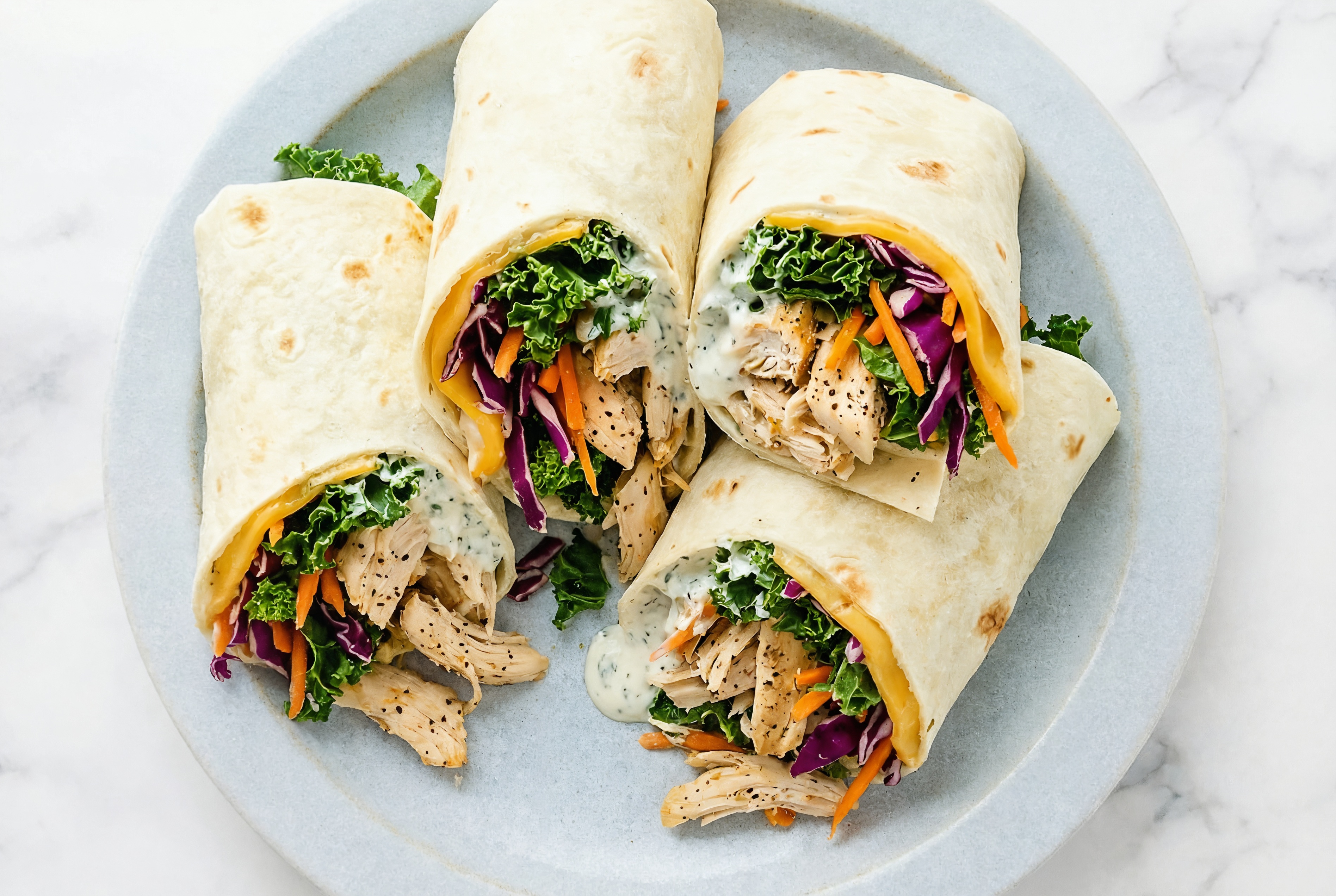 Creamy Pulled Chicken + American Wraps with Rainbow Veggies