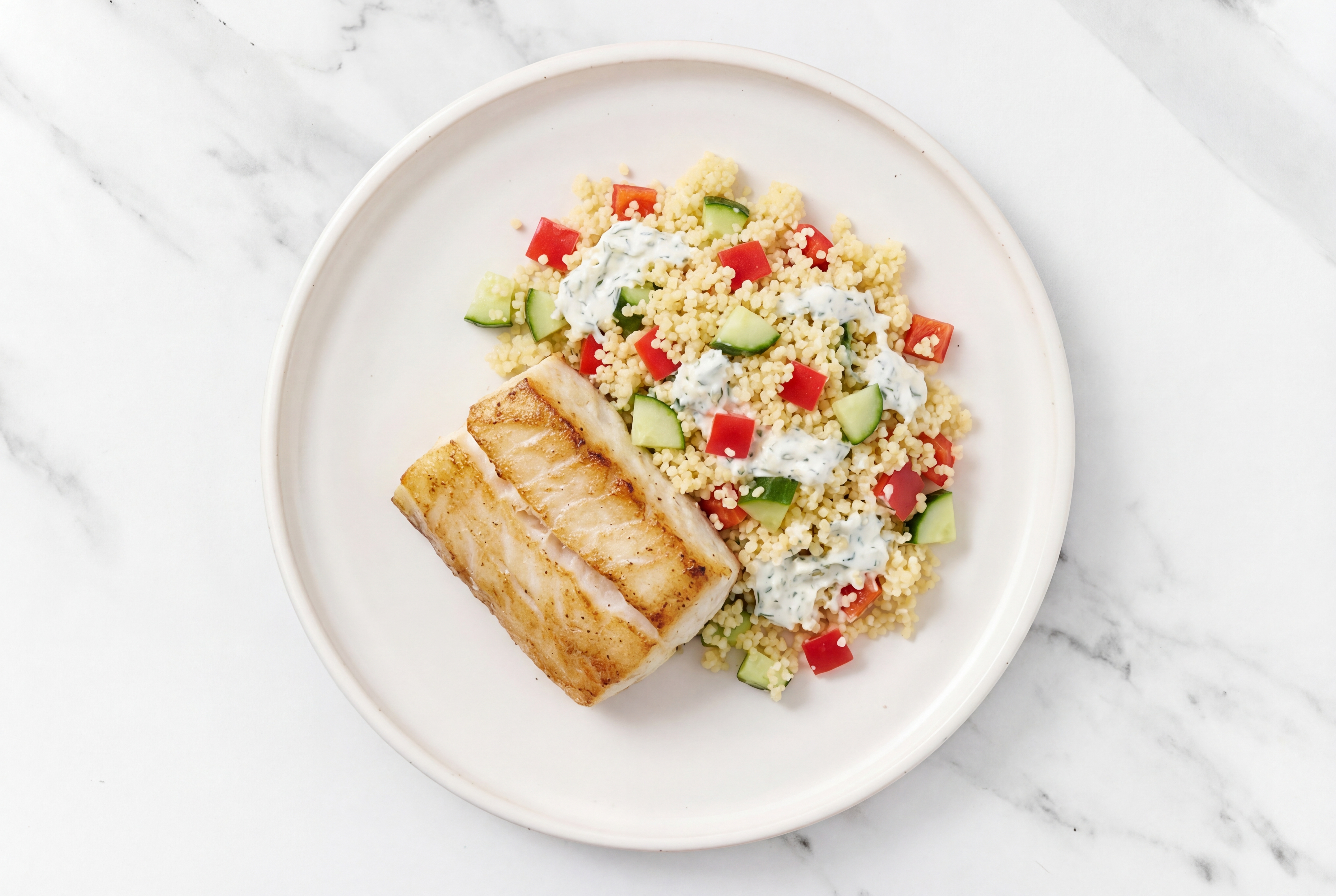 Seared Barramundi + Tzatziki Couscous with Red Bell Pepper