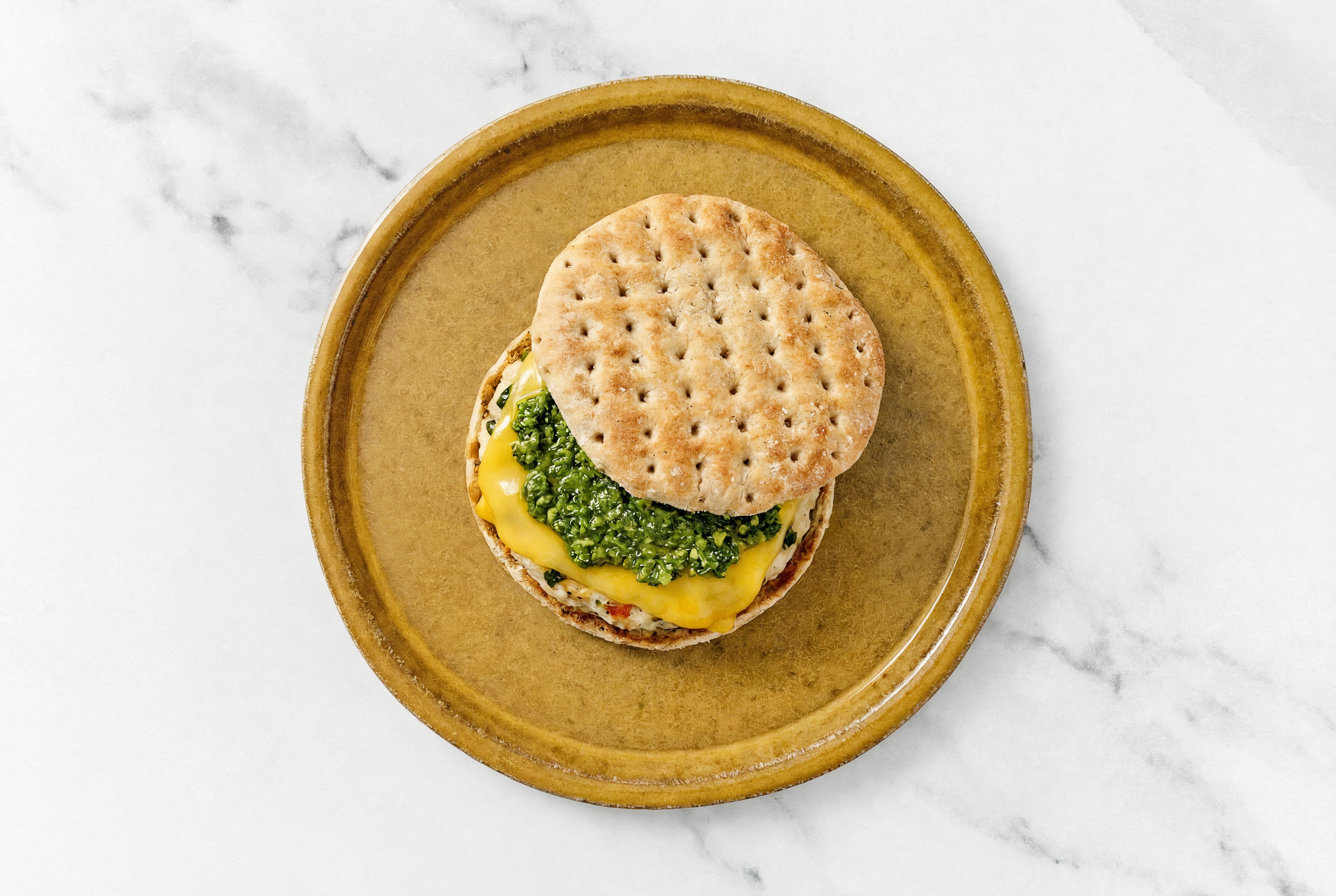 Garlic Chicken Burger on Multigrain with Spinach Pesto & Cheddar