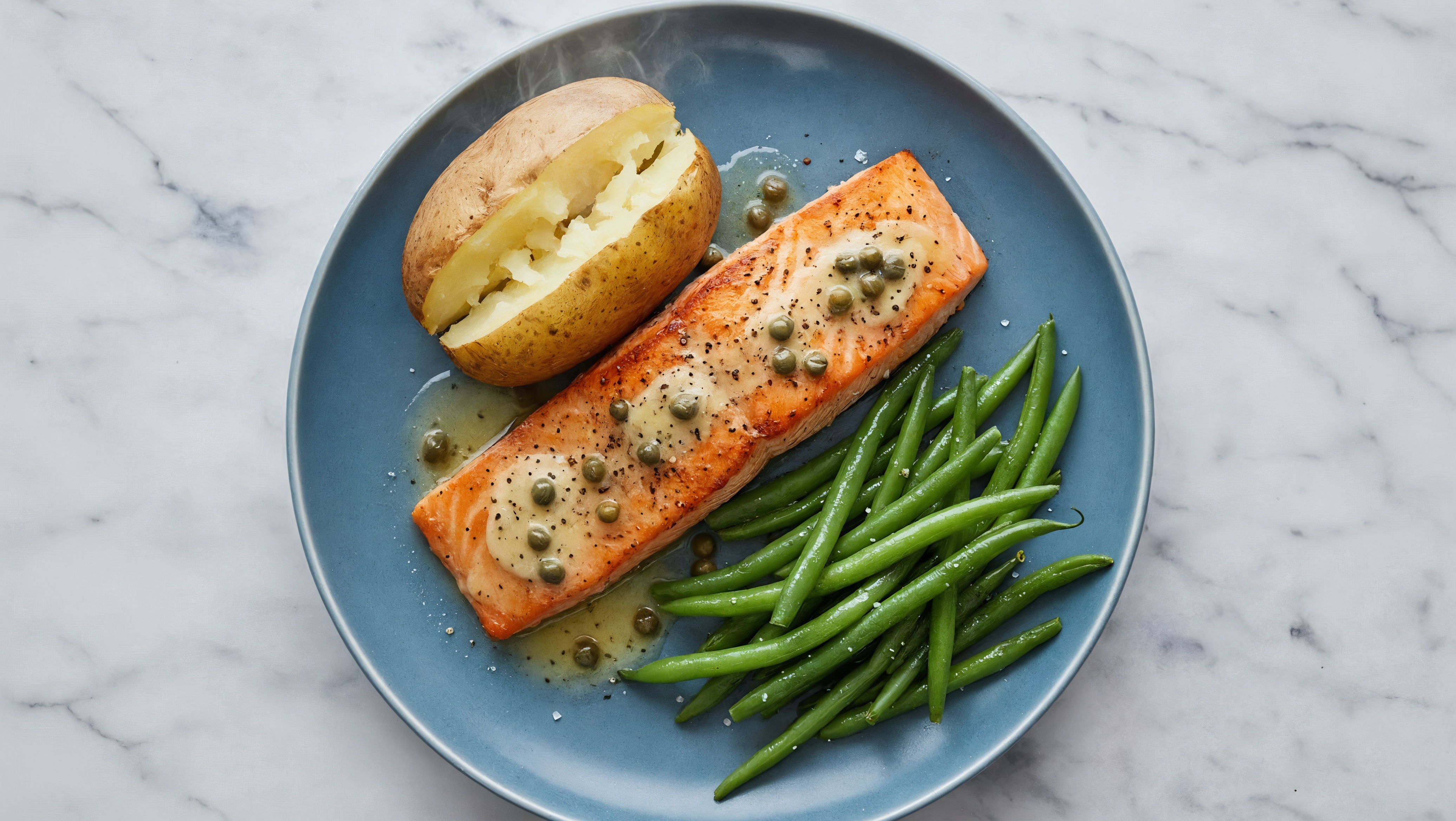 Caper-Slow Churned Lemon & Peppercorn Pasture Butter Salmon with Russet Potato & Green Beans