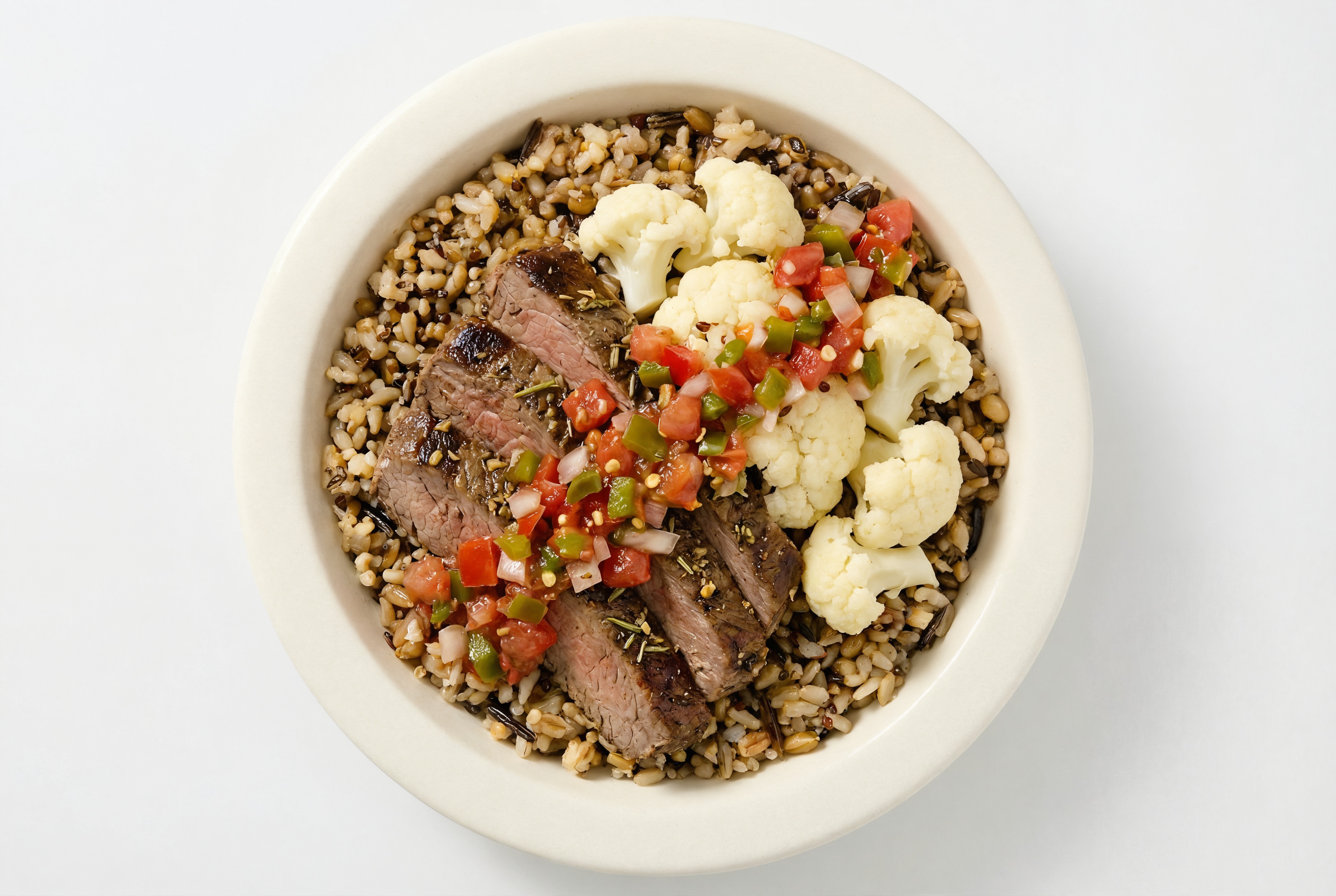 Flank Rosemary Garlic Beef Steak & Cauliflower Grain Bowl with Pico De Gallo