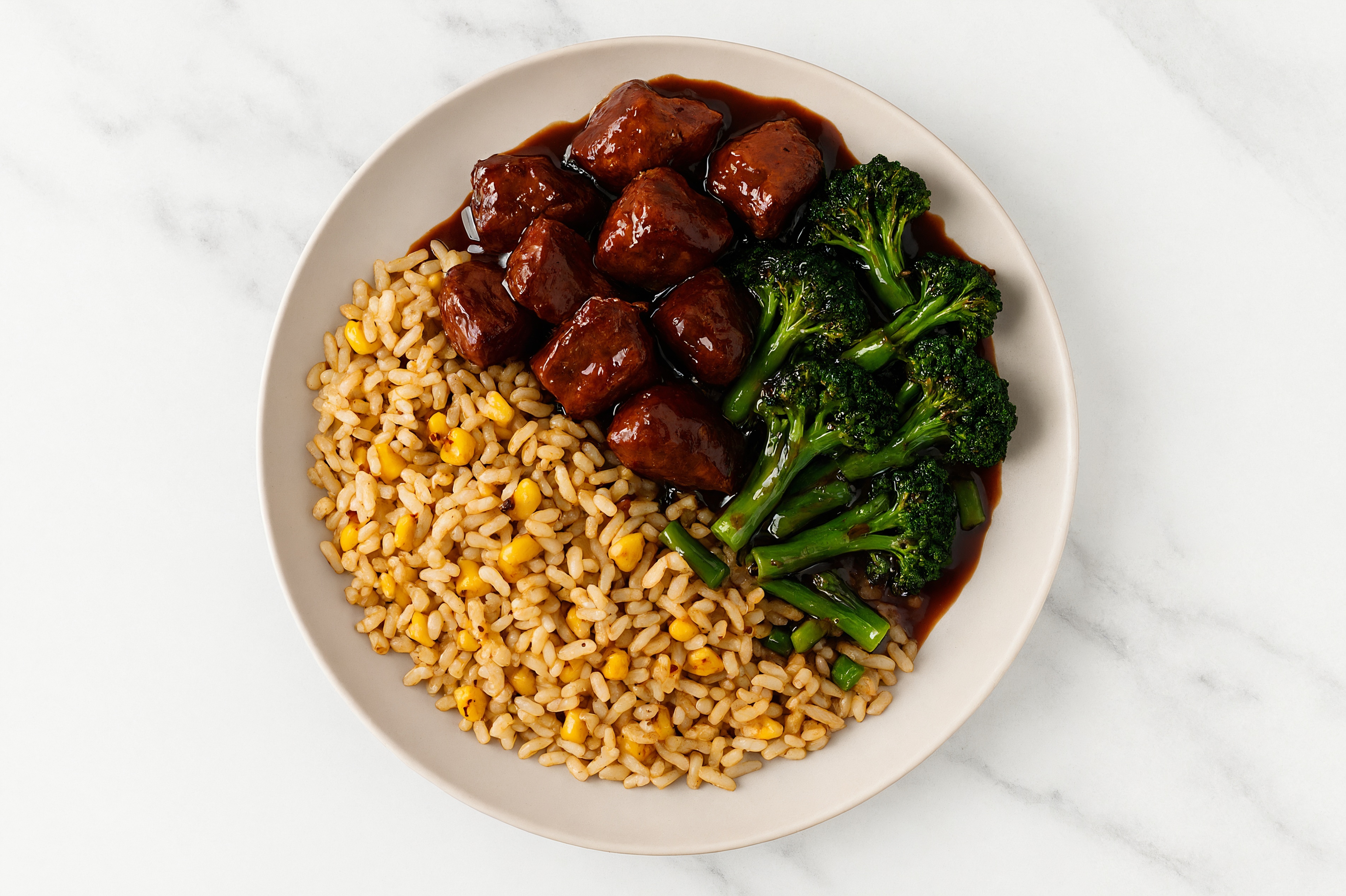 Sweet Teriyaki Seared Lamb + Corn Rice Bowl with Baby Broccoli