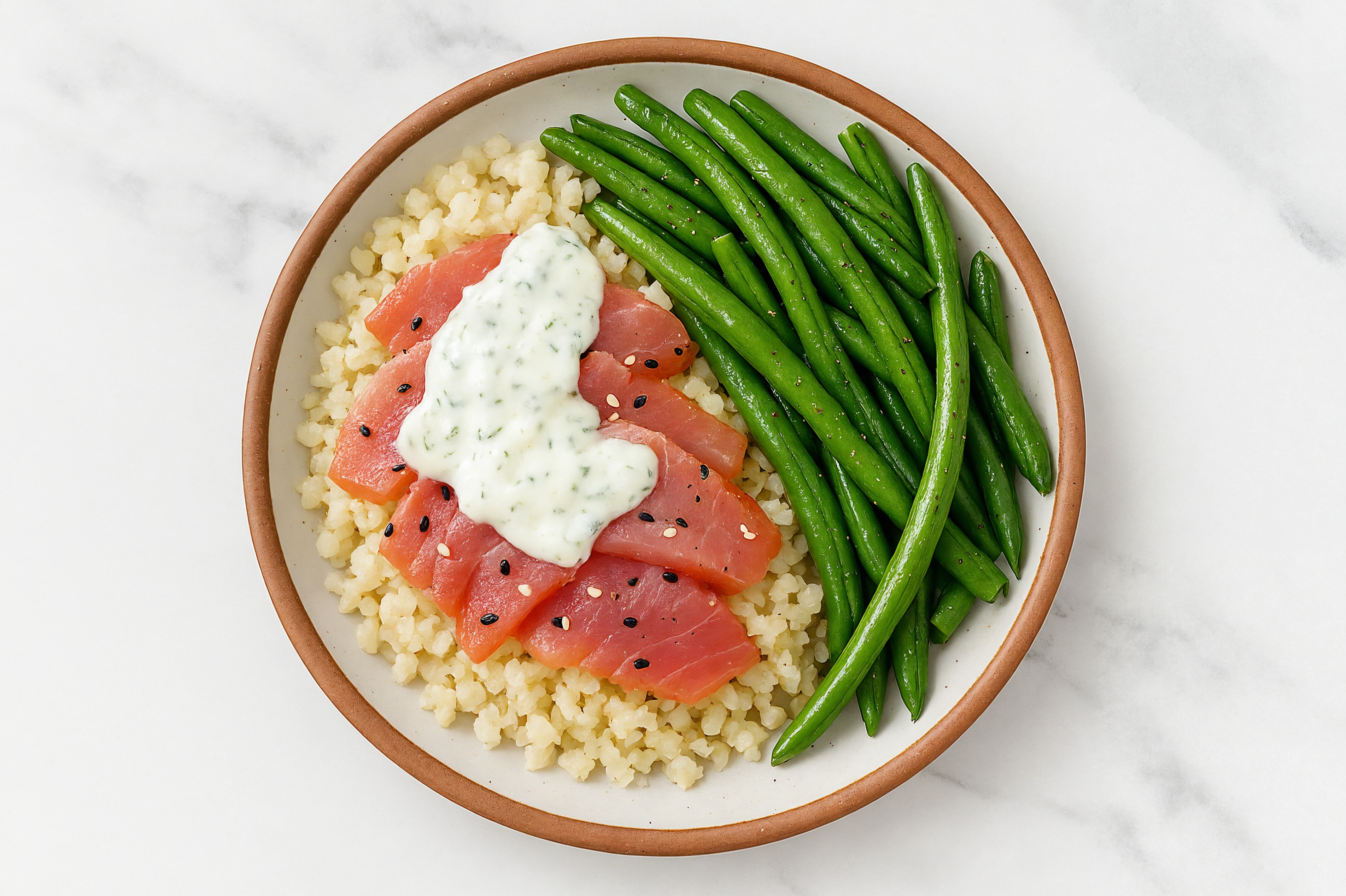 Tuna Cauliflower Rice Bowl with Tzatziki & Green Beans