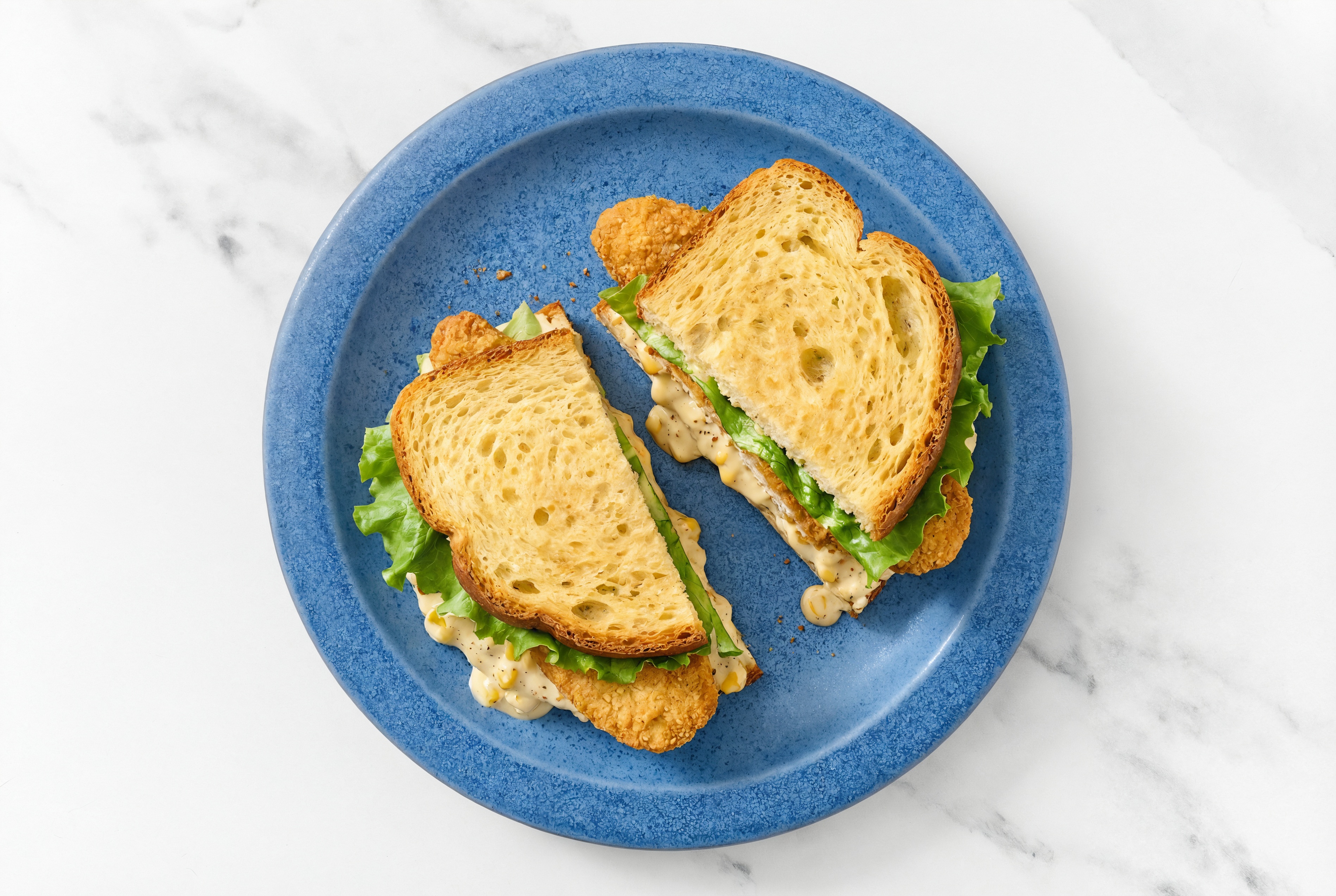 Street Corn "Chicken" Tenders Sandwich with Green Leaf Lettuce on Honey White Bread