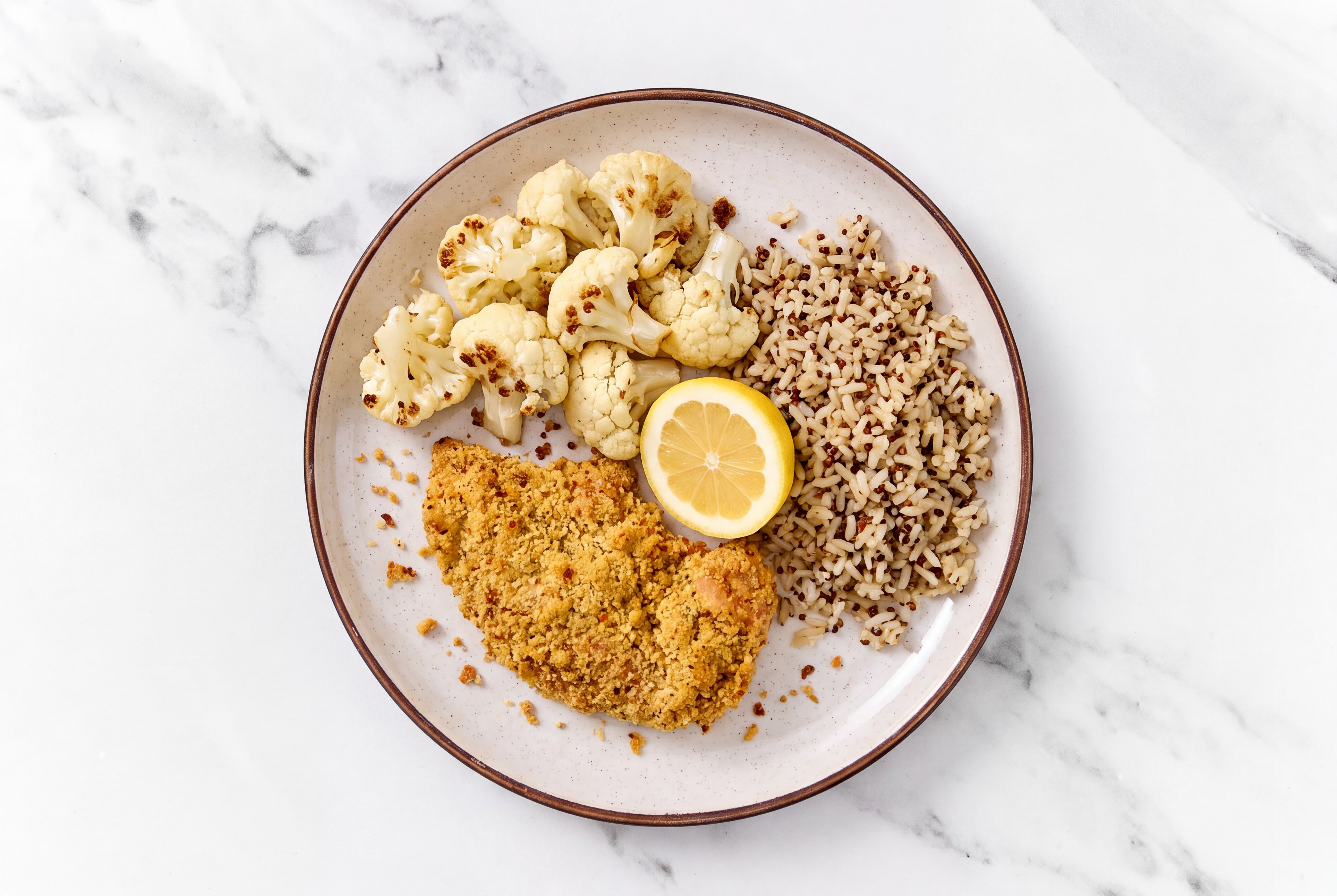 Lemon Parmesan Breaded Chicken Cutlet with Cauliflower & Brown Rice
