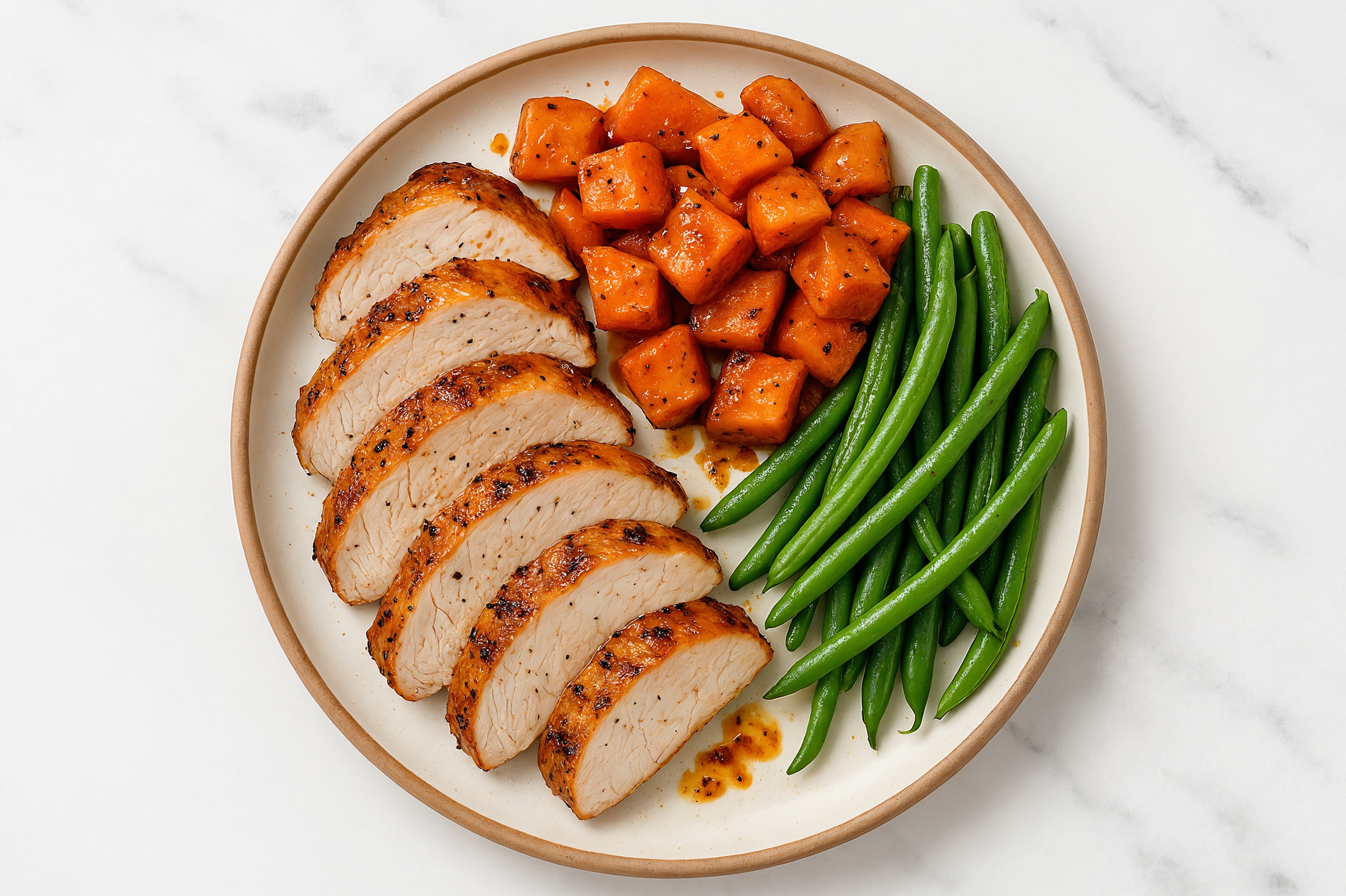 Turkey Tenderloin with Hickory Sweet Potatoes + Organic Green Beans
