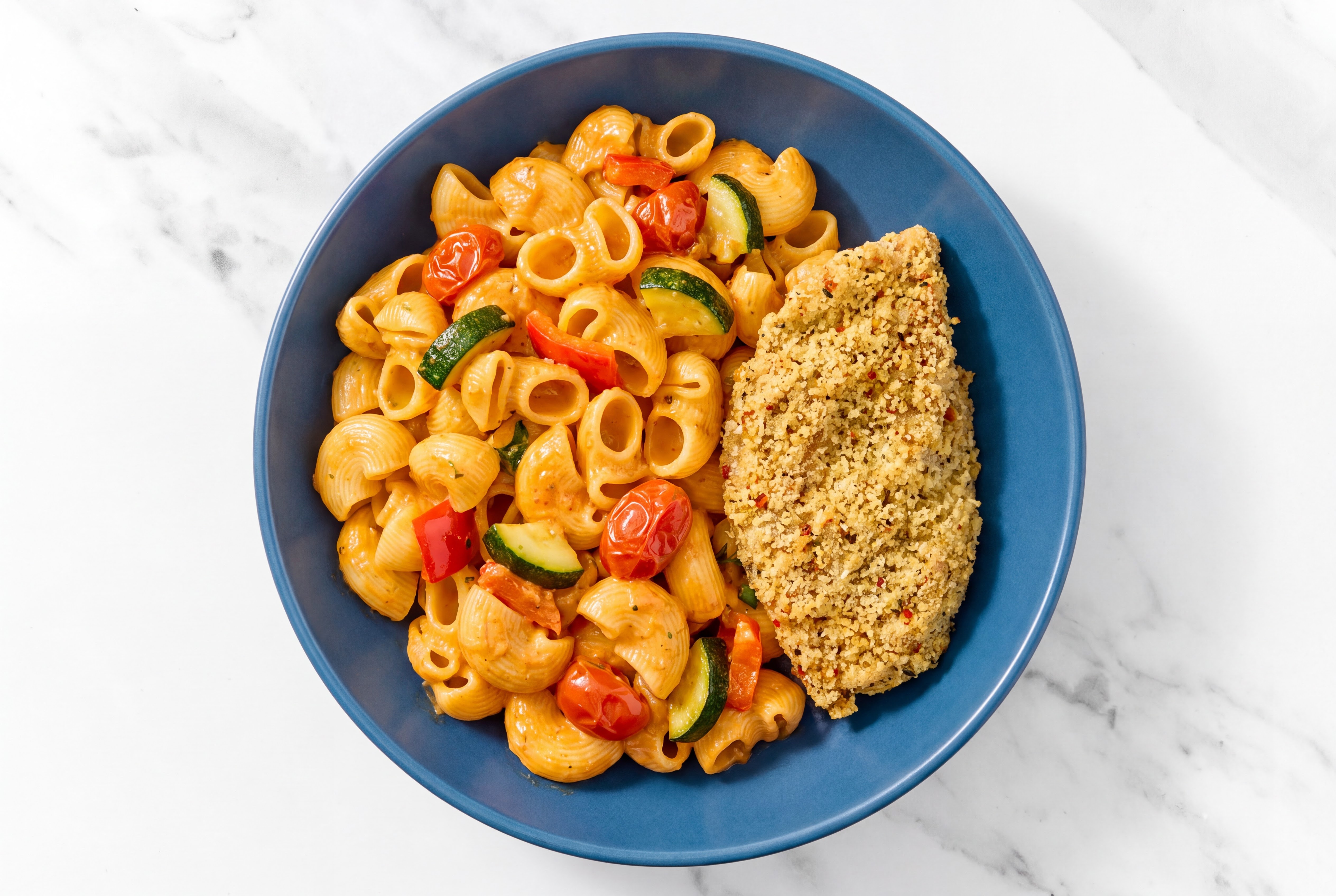 Crispy Garlic Chicken over Creamy Vodka Chiocciole Pasta with Mixed Veggies