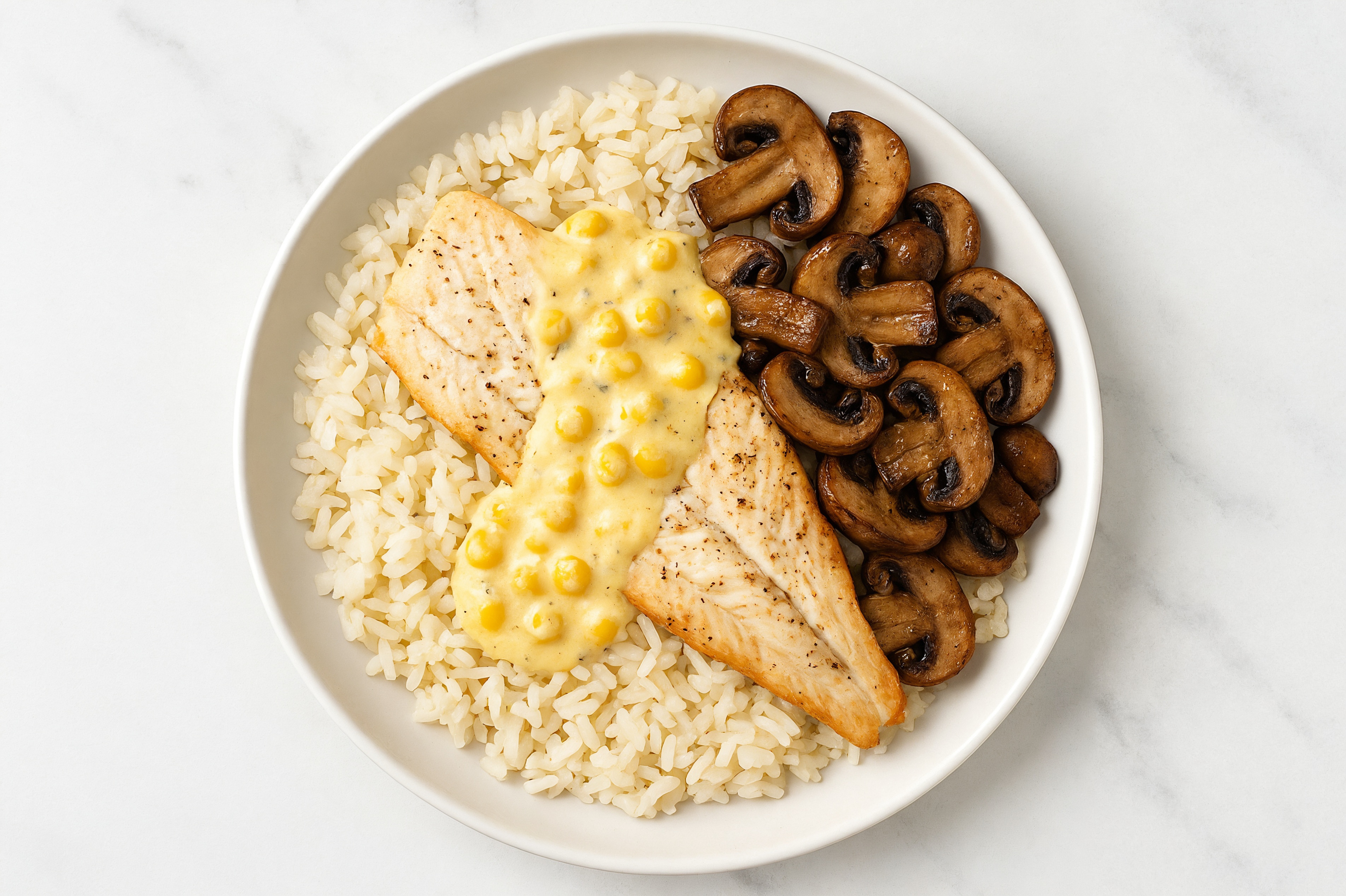 Street Corn Trout + White Rice Bowl with Bella Mushrooms